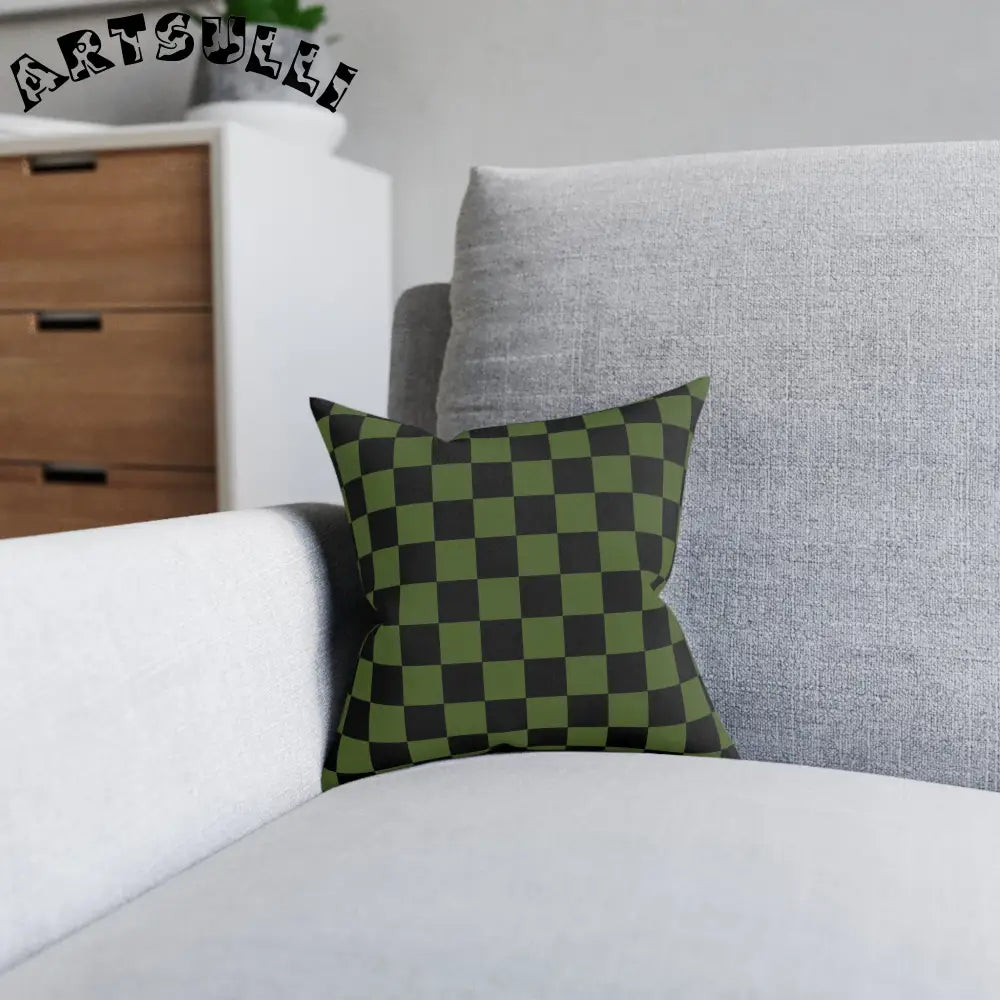 JAKKOUTTHEBXX Checkerboard Olive Green and Black Square Pillow
