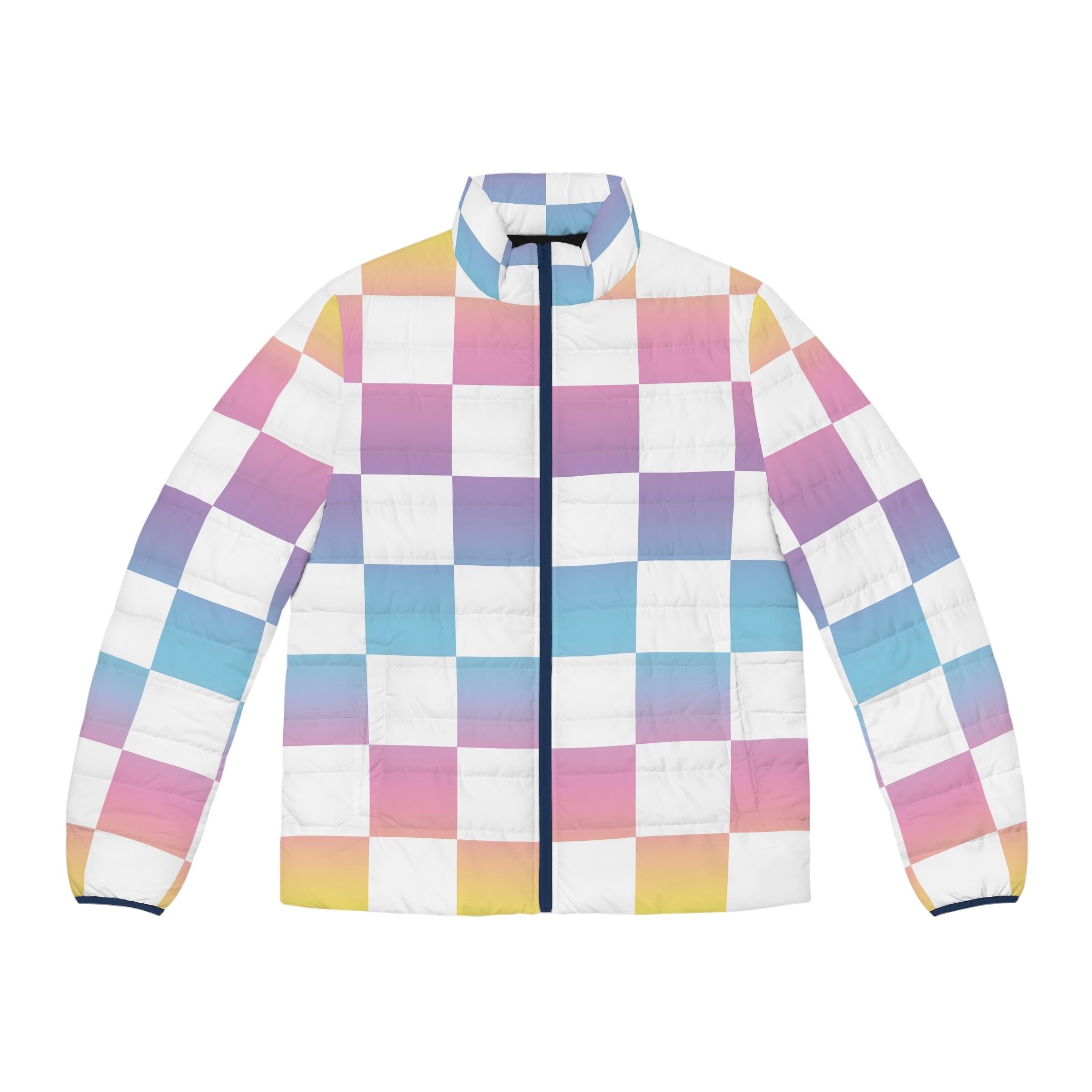 Vaporwave Check Men's Puffer Jacket (AOP), Artsulli - Art is Long, Life is Short, All Over Prints, Size, S, Color, Dark blue zipper, , , 32012947499866067110