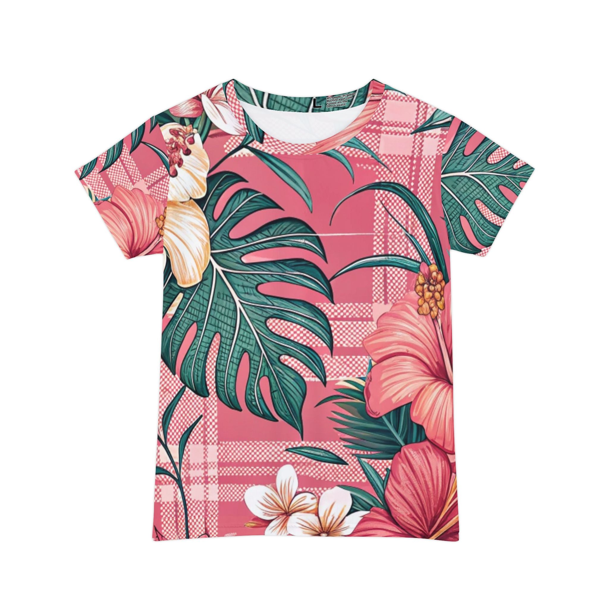 Plaid x Floral Burgundy and Green Women's Short Sleeve Shirt (AOP), Artsulli - Art is Long, Life is Short, All Over Prints, Size, XS, , , , , 94905364531913