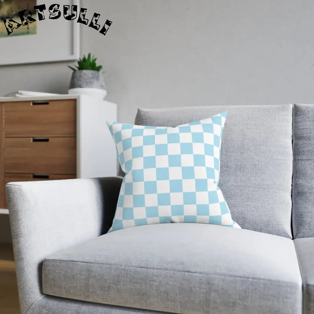 JAKKOUTTHEBXX Checkerboard Sky Blue Square Pillow JAKKOUTTHEBXX