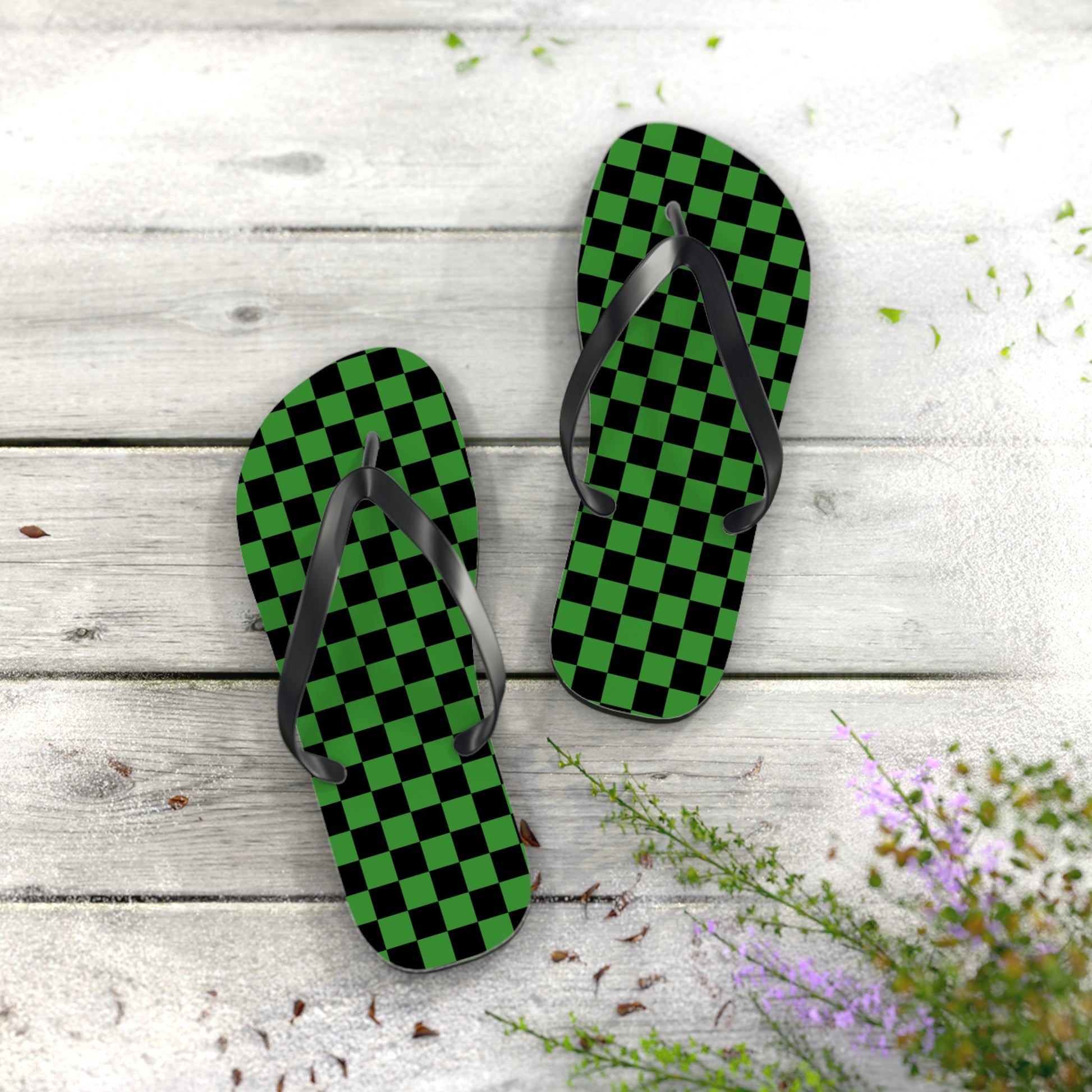 Checkerboard Green and Black Flip Flops, Artsulli - Art is Long, Life is Short, Shoes, , , , , , , 