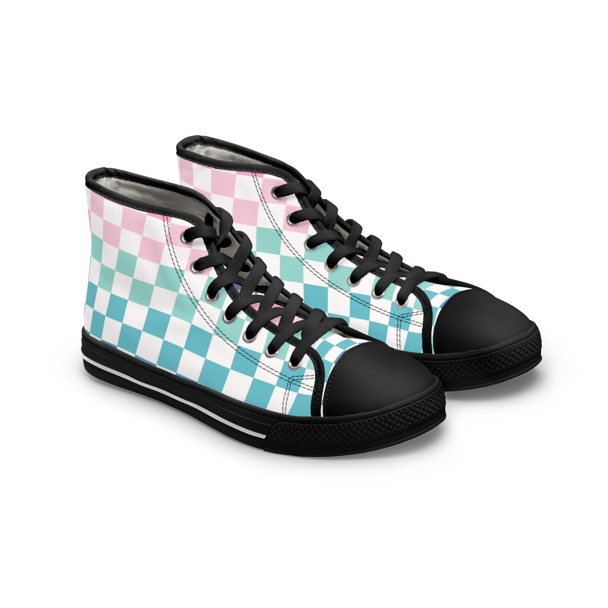Vaporwave Rainbow  Checkerboard Multi-Color Women's High Top Sneakers, Artsulli - Art is Long, Life is Short, Shoes, Size, US 5.5, Color, Black sole, , , 22516156936973117690