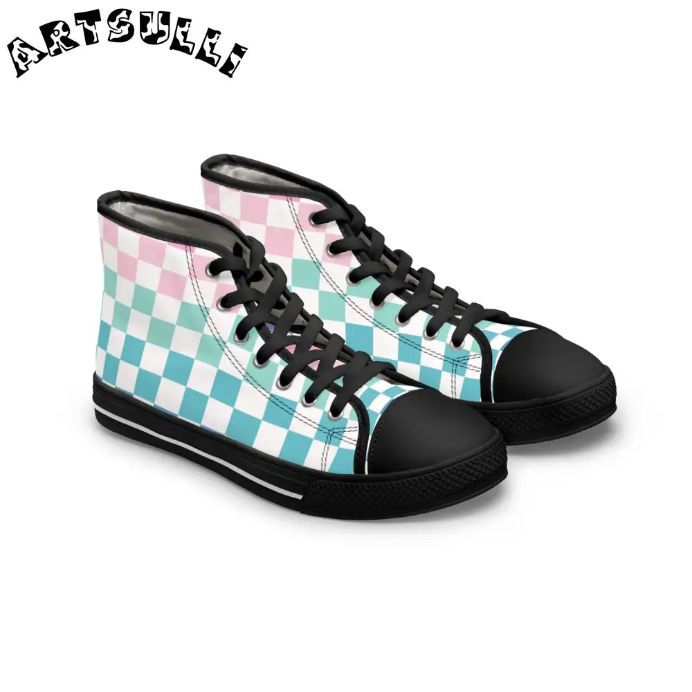 Vaporwave Rainbow  Checkerboard Multi-Color Women's High Top Sneakers, Artsulli - Art is Long, Life is Short, Shoes, Size, US 5.5, Color, Black sole, , , 22516156936973117690