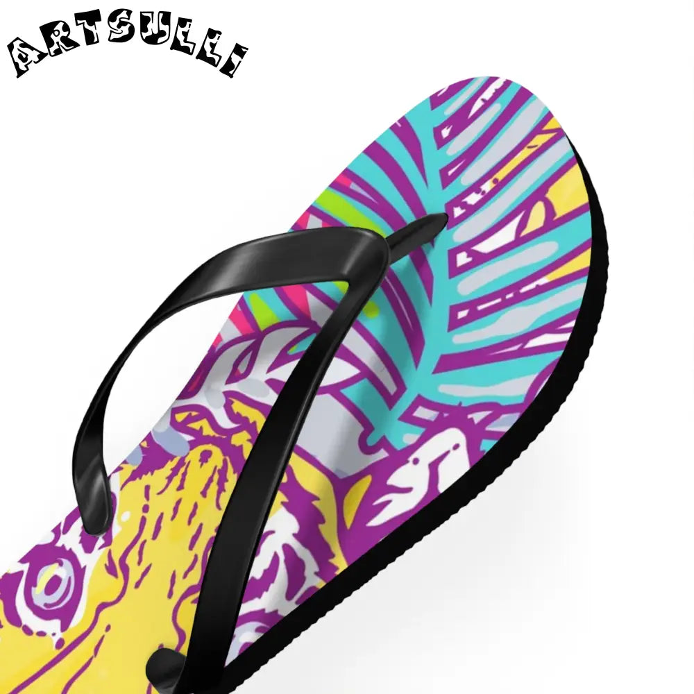 JAKKOUTTHEBXX Tropical Floral Tigers Torquise and Purple Flip Flops