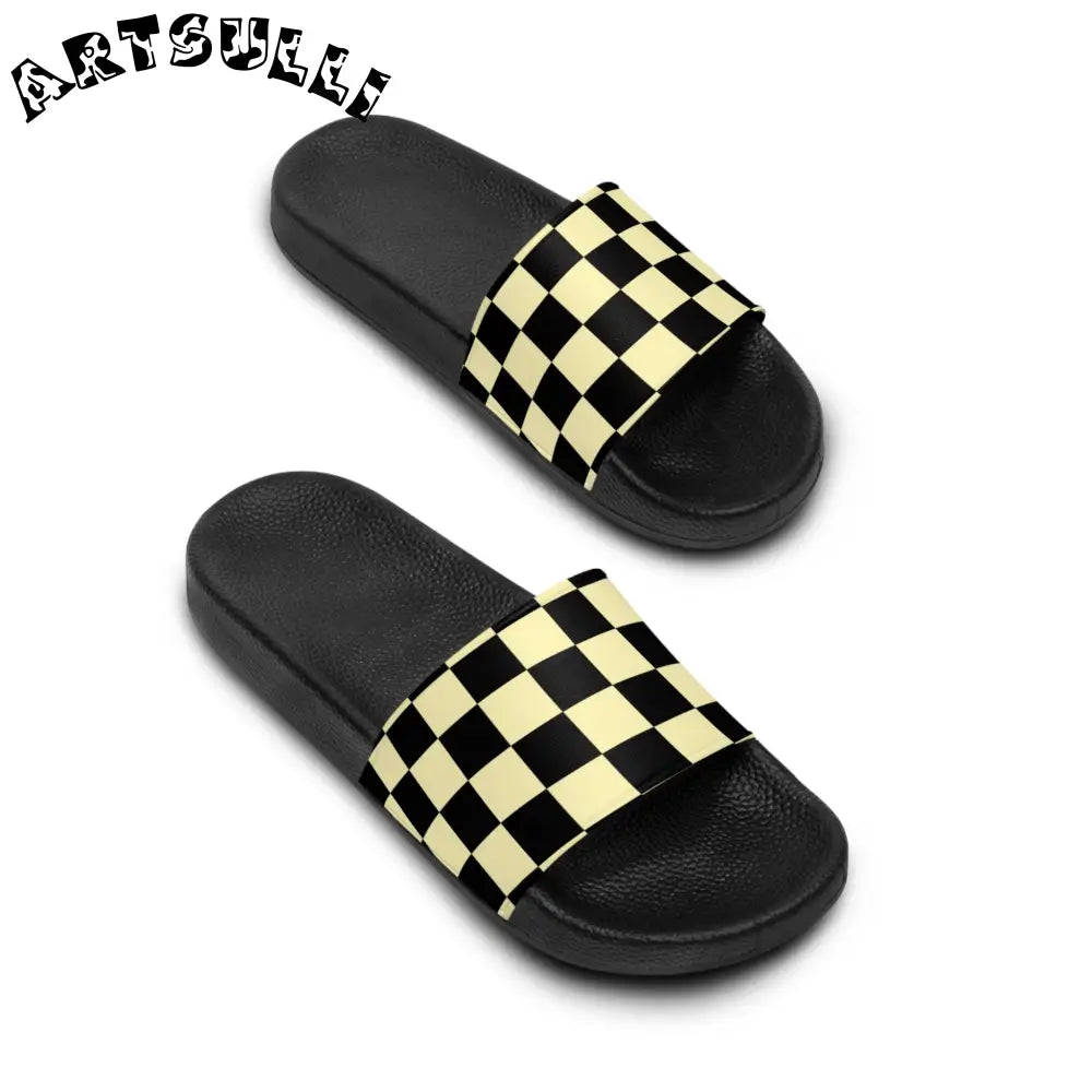 JAKKOUTTHEBXX Checkerboard Black and Yellow Men’s Slide Sandals