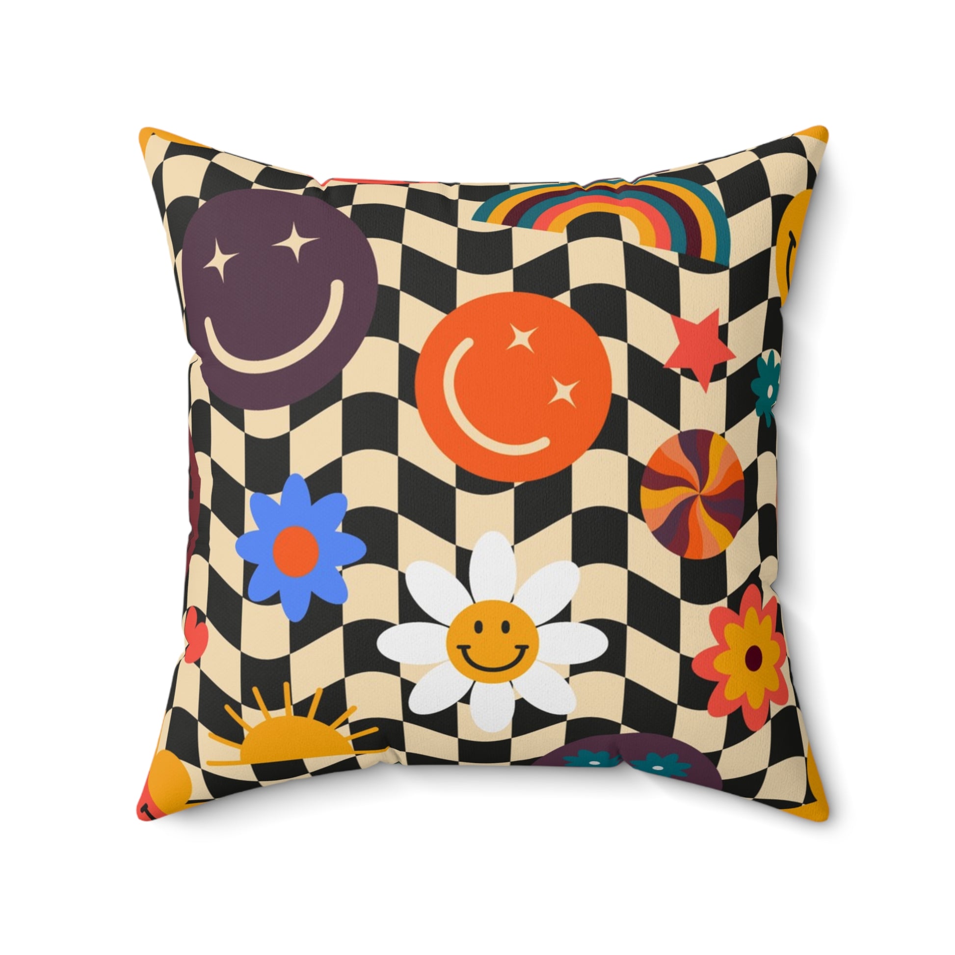 Trippy x Wavy Checkerboard x Smiley Face x Rainbow x Flowers Multi-Color Spun Polyester Square Pillow, Artsulli - Art is Long, Life is Short, Home Decor, Size, 20" × 20", , , , , 28920879204780707753