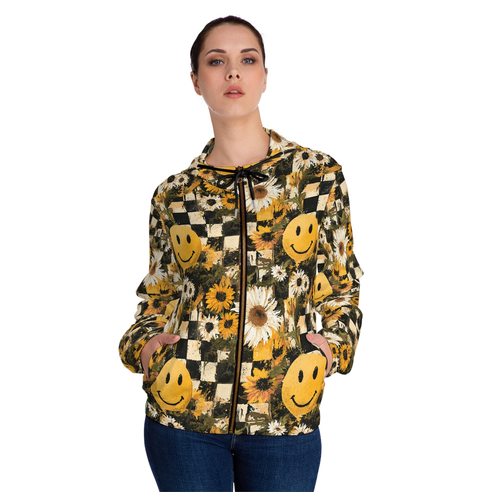 Smiley Face x Checkerboard x Sunflowers x Trippy x Vintage Black and Yellow Women’s Full-Zip Hoodie (AOP), Artsulli - Art is Long, Life is Short, All Over Prints, , , , , , , 