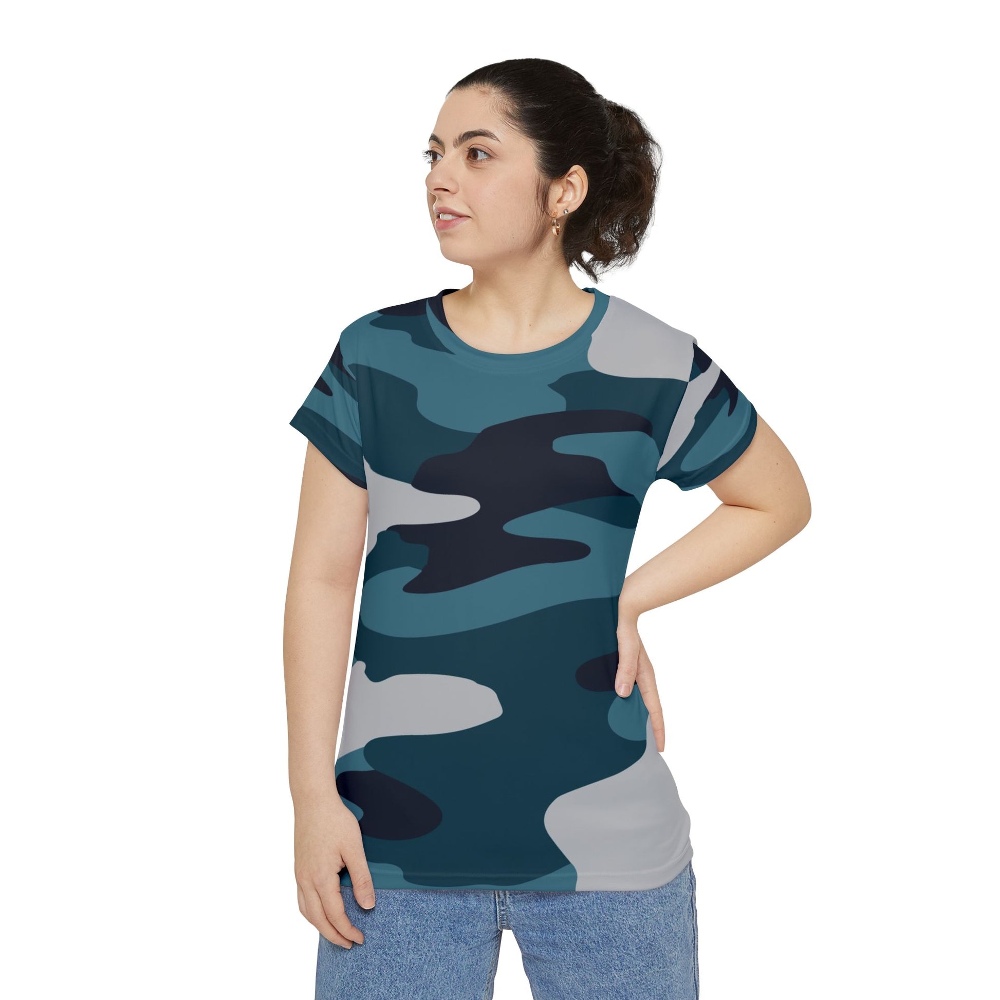 Blue Camouflage Women's Short Sleeve Shirt (AOP), Artsulli - Art is Long, Life is Short, All Over Prints, , , , , , , 