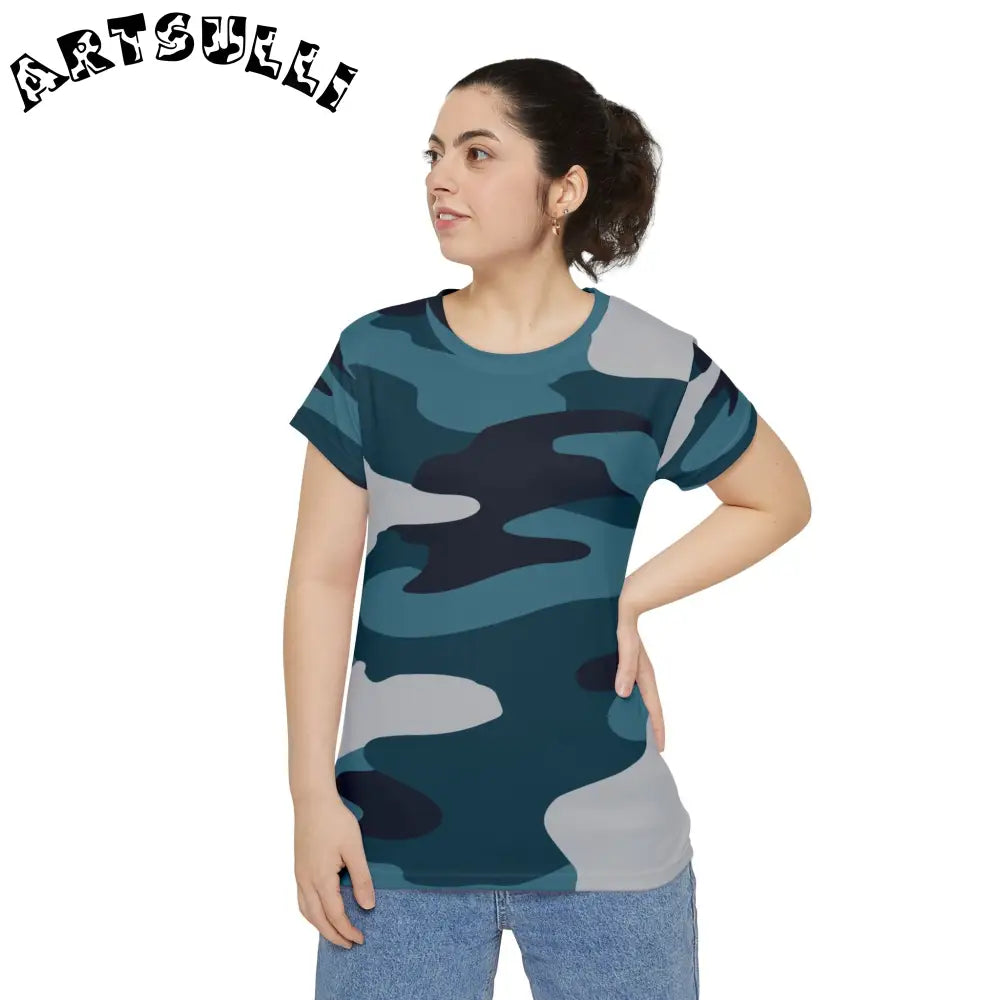 JAKKOUTTHEBXX Blue Camouflage Women’s Short Sleeve Shirt (AOP)
