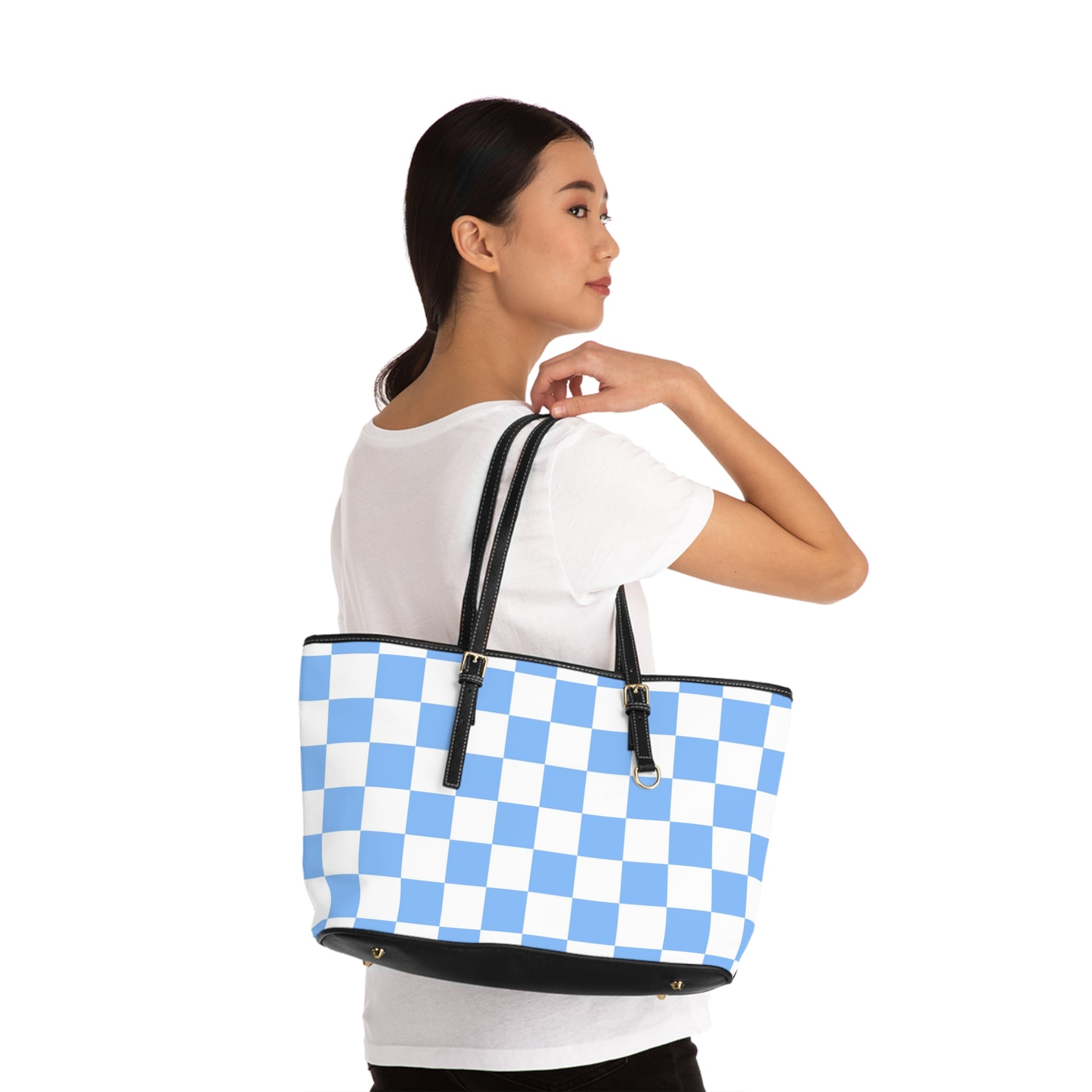 Checkerboard White and Light Blue PU Leather Shoulder Bag, Artsulli - Art is Long, Life is Short, Bags, , , , , , , 