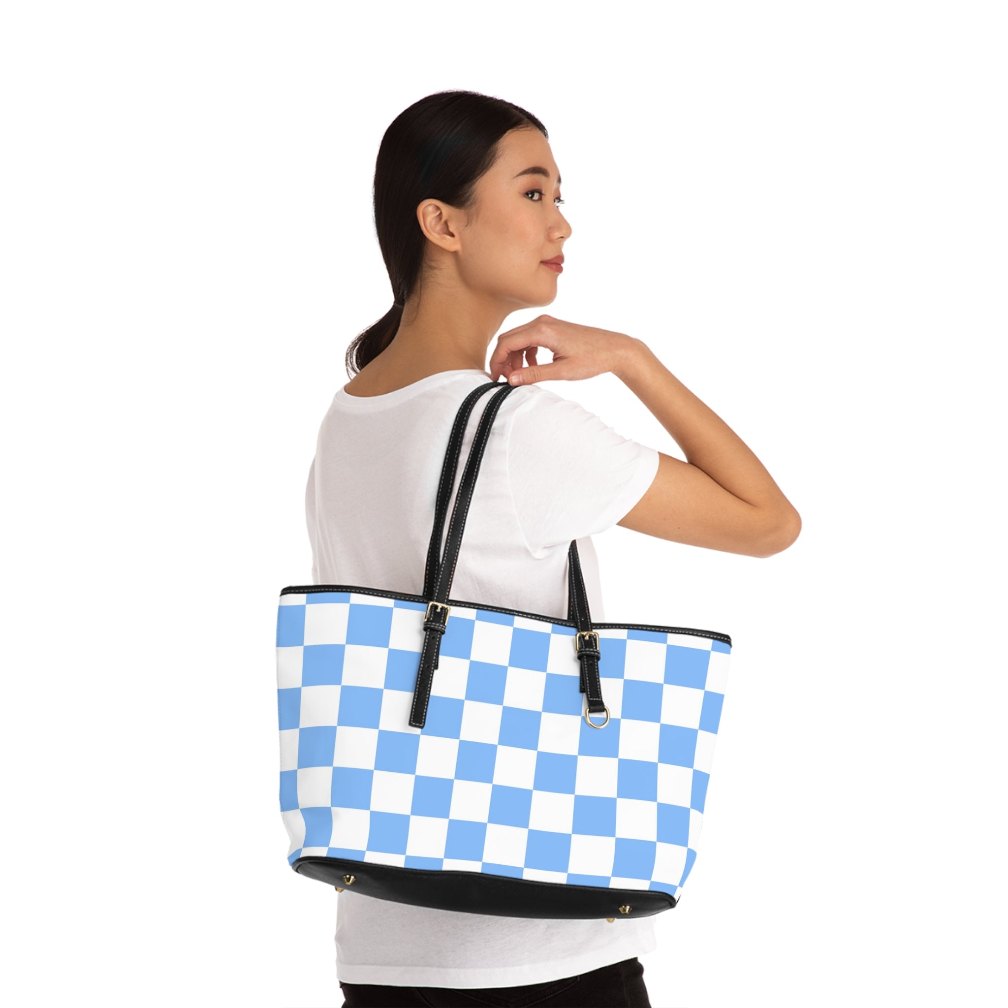 Checkerboard White and Light Blue PU Leather Shoulder Bag, Artsulli - Art is Long, Life is Short, Bags, , , , , , , 