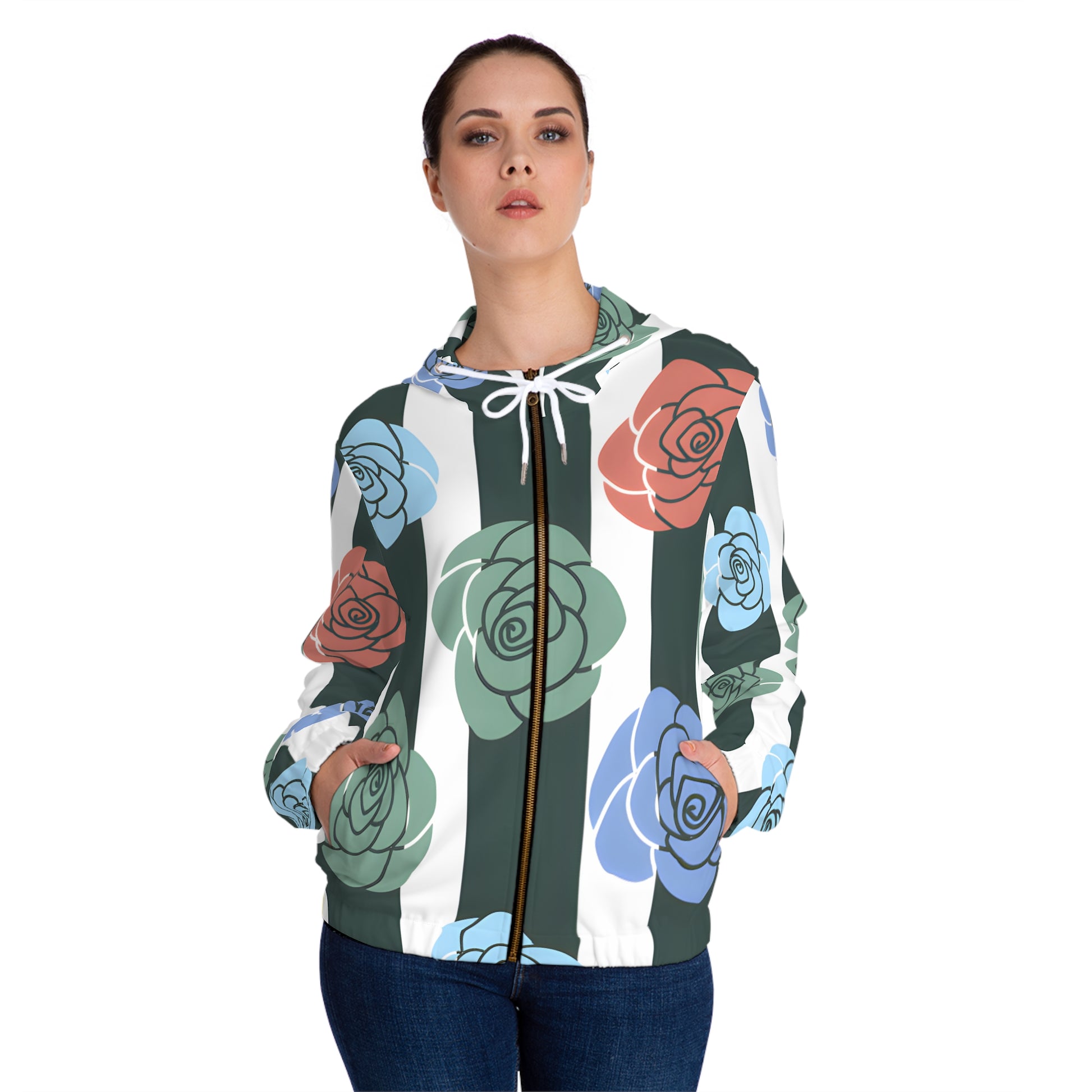 Stripes x Roses Black and White Women’s Full-Zip Hoodie (AOP), Artsulli - Art is Long, Life is Short, All Over Prints, , , , , , , 