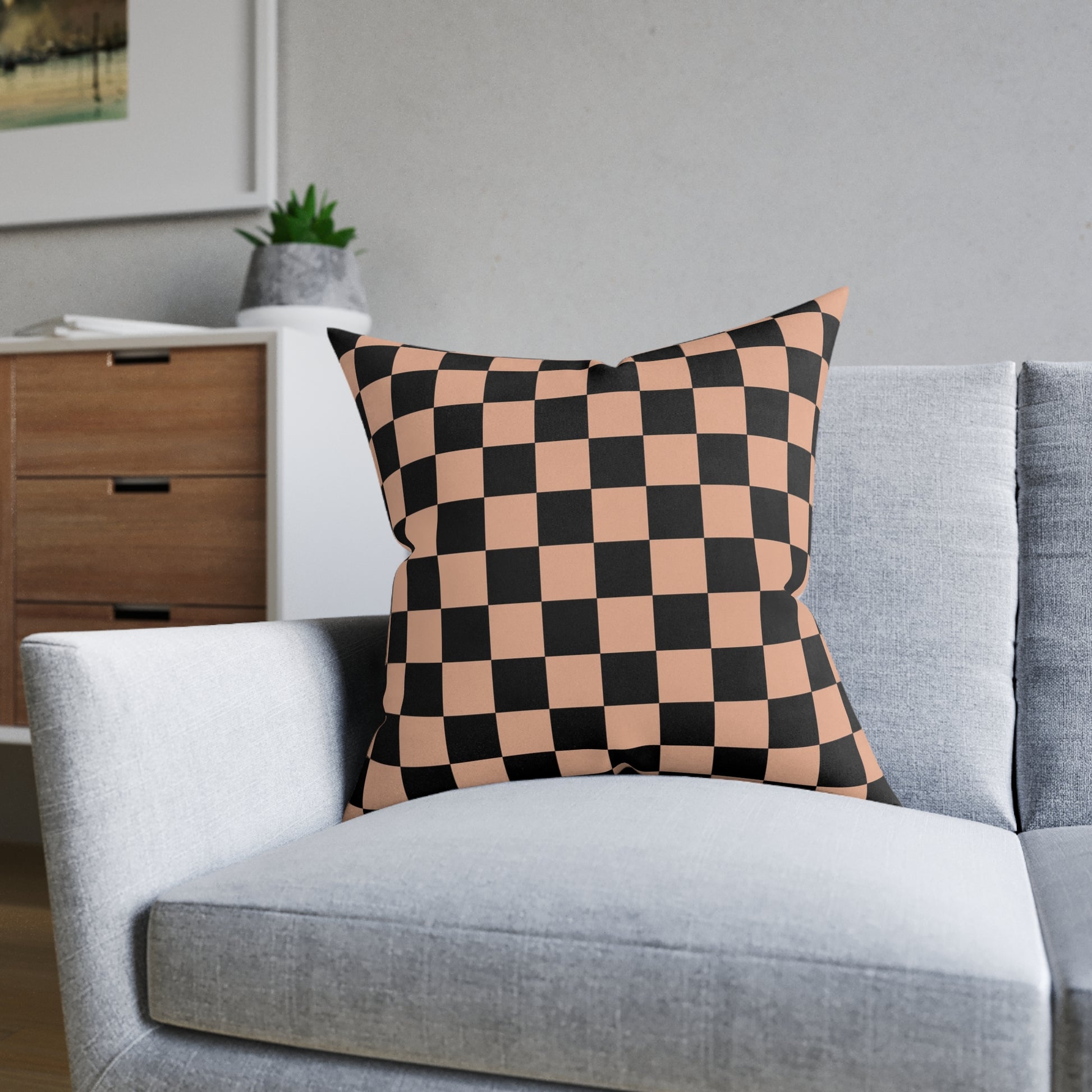 Checkerboard Soft Orange and Black Square Pillow, Artsulli - Art is Long, Life is Short, Home Decor, , , , , , , 