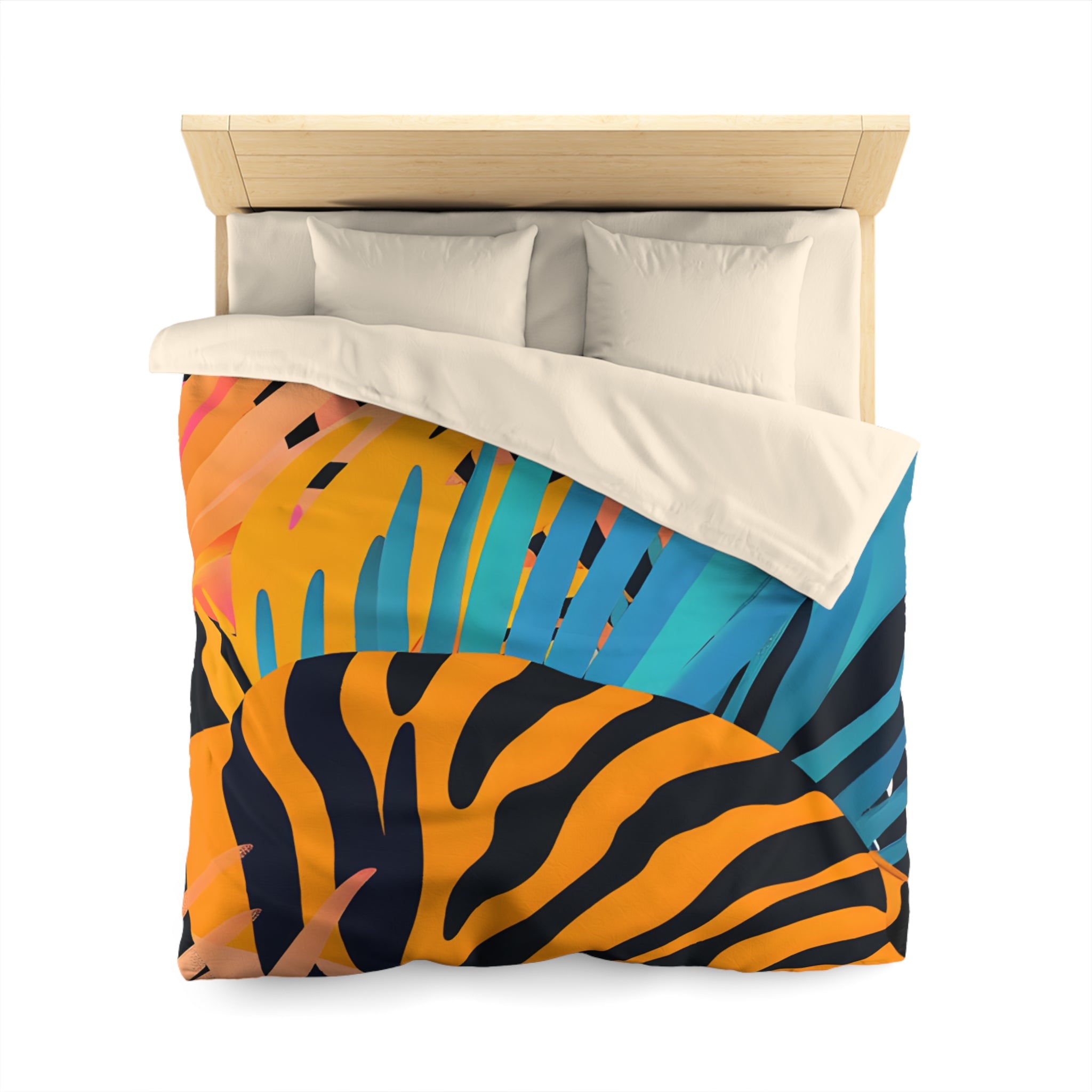 Palm Leaves x Zebra Stripes x  Tiger Stripes Orange and Blue  Microfiber Duvet Cover, Artsulli - Art is Long, Life is Short, Home Decor, , , , , , , 