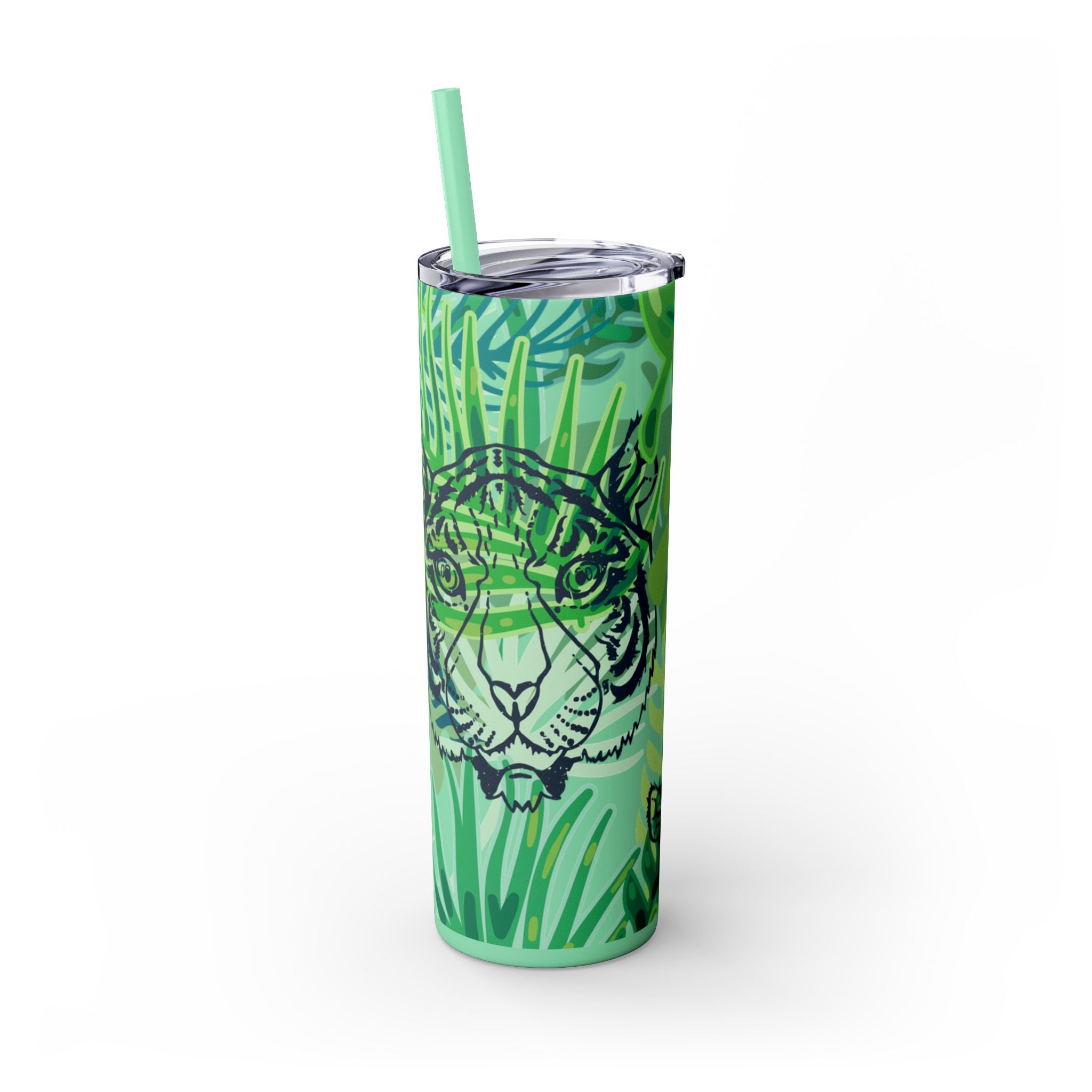 Tropical Jungle Tigers Green Skinny Tumbler with Straw, 20oz, Artsulli - Art is Long, Life is Short, Mug, , , , , , , 