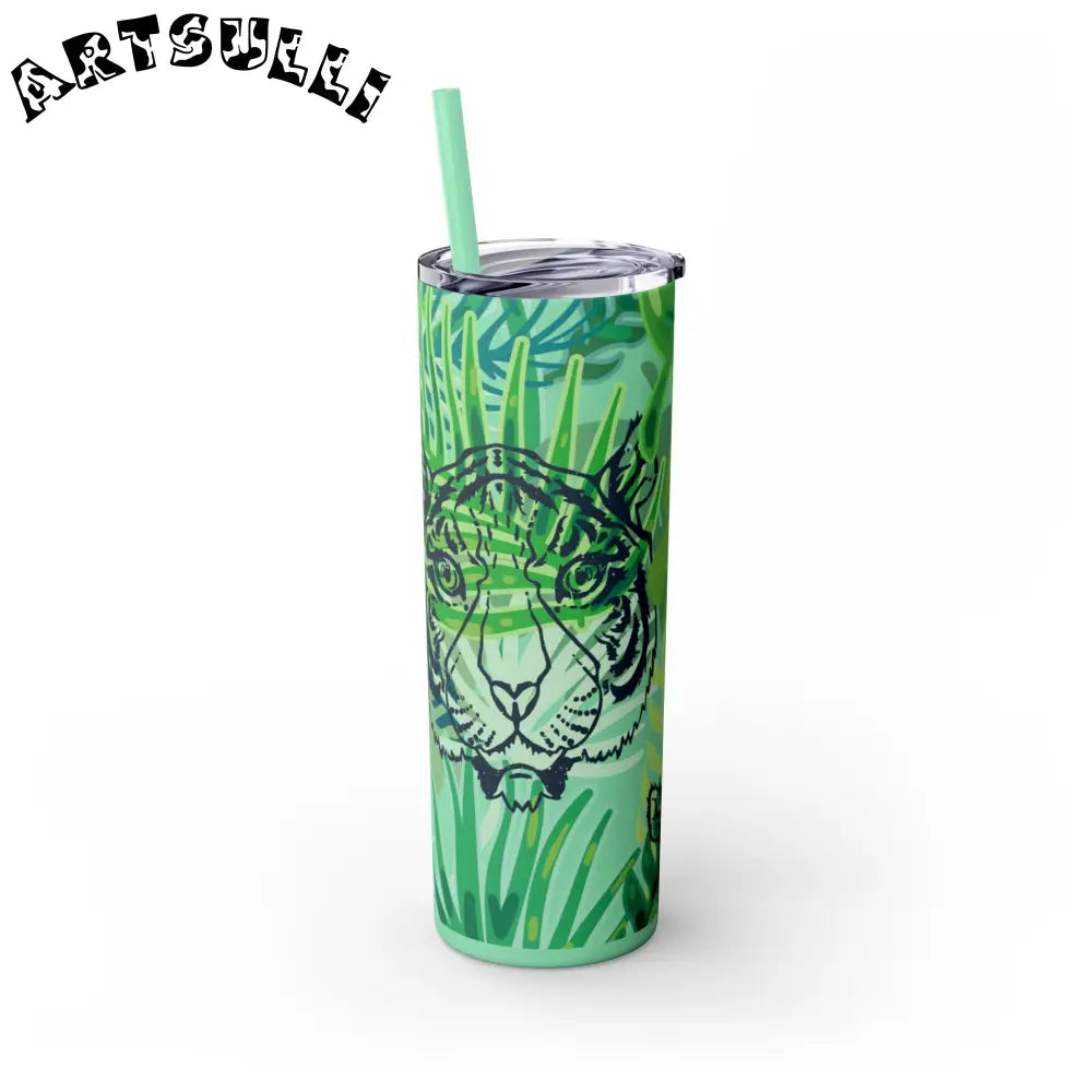 JAKKOUTTHEBXX Tropical Jungle Tigers Green Skinny Tumbler with Straw