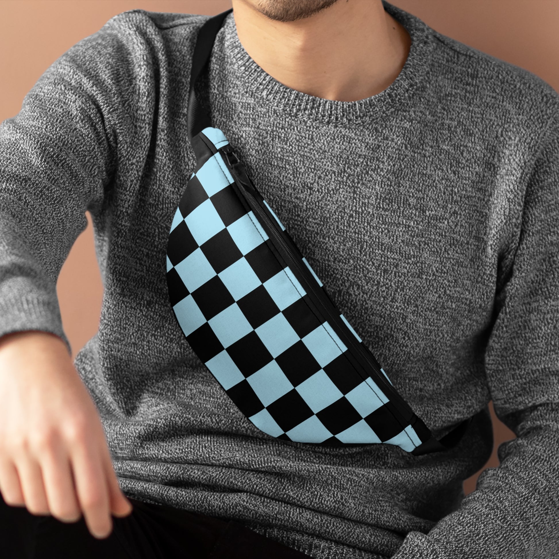 Checkerboard Black and Blue Fanny Pack, Artsulli - Art is Long, Life is Short, Bags, , , , , , , 