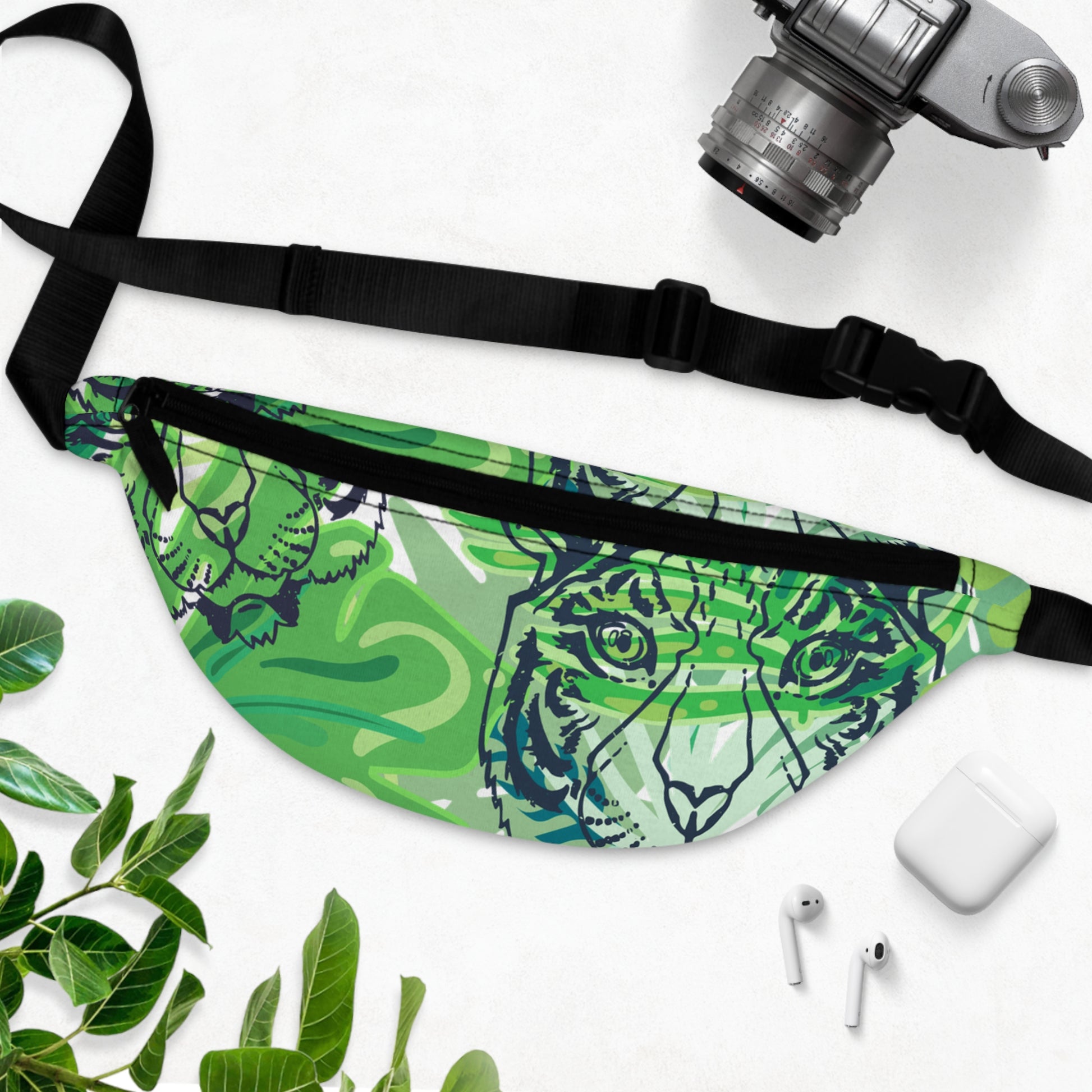 Tropical Jungle Tigers Green Fanny Pack, Artsulli - Art is Long, Life is Short, Bags, , , , , , , 