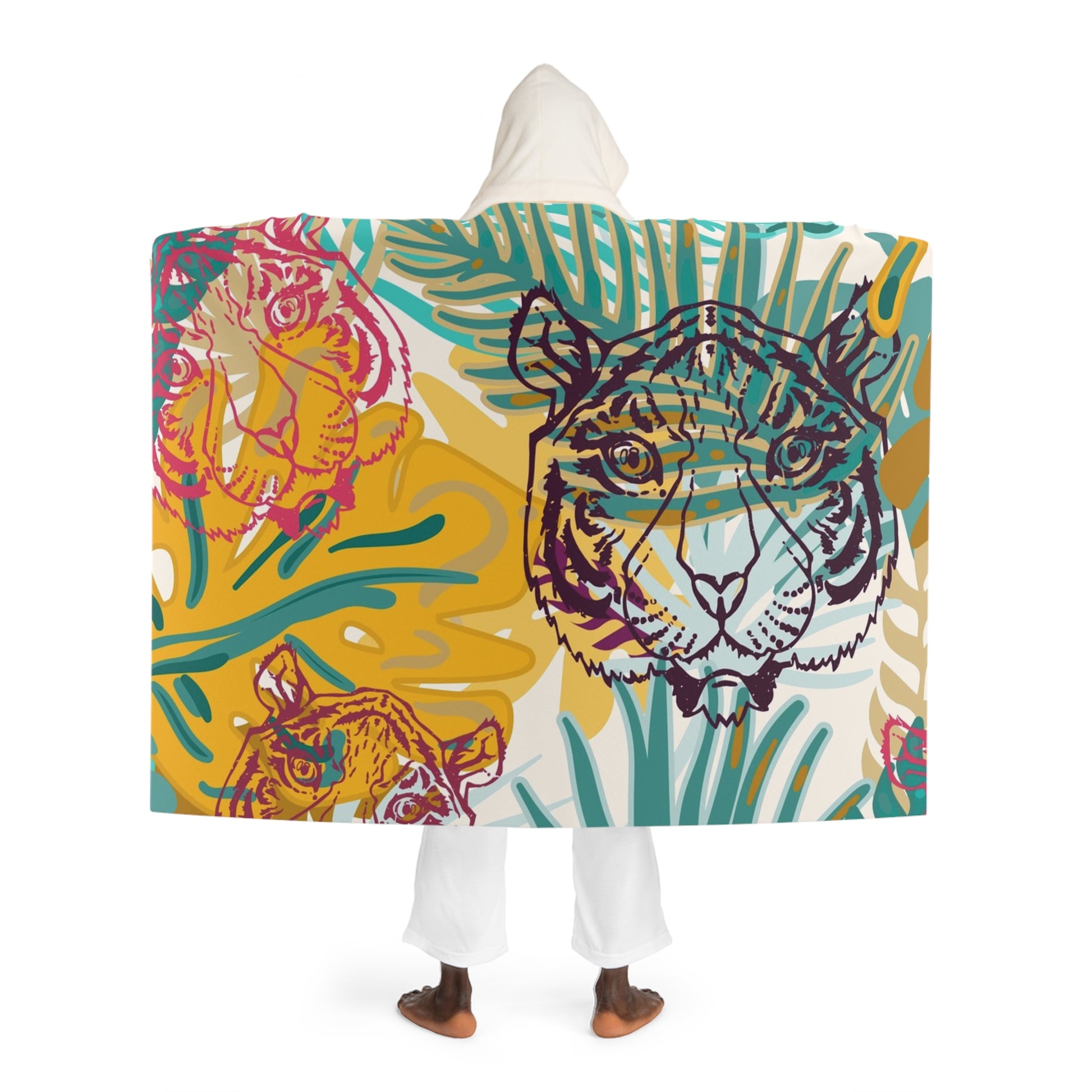 Tropical Jungle Tigers Brown and Green Hooded Sherpa Fleece Blanket, Artsulli - Art is Long, Life is Short, All Over Prints, , , , , , , 