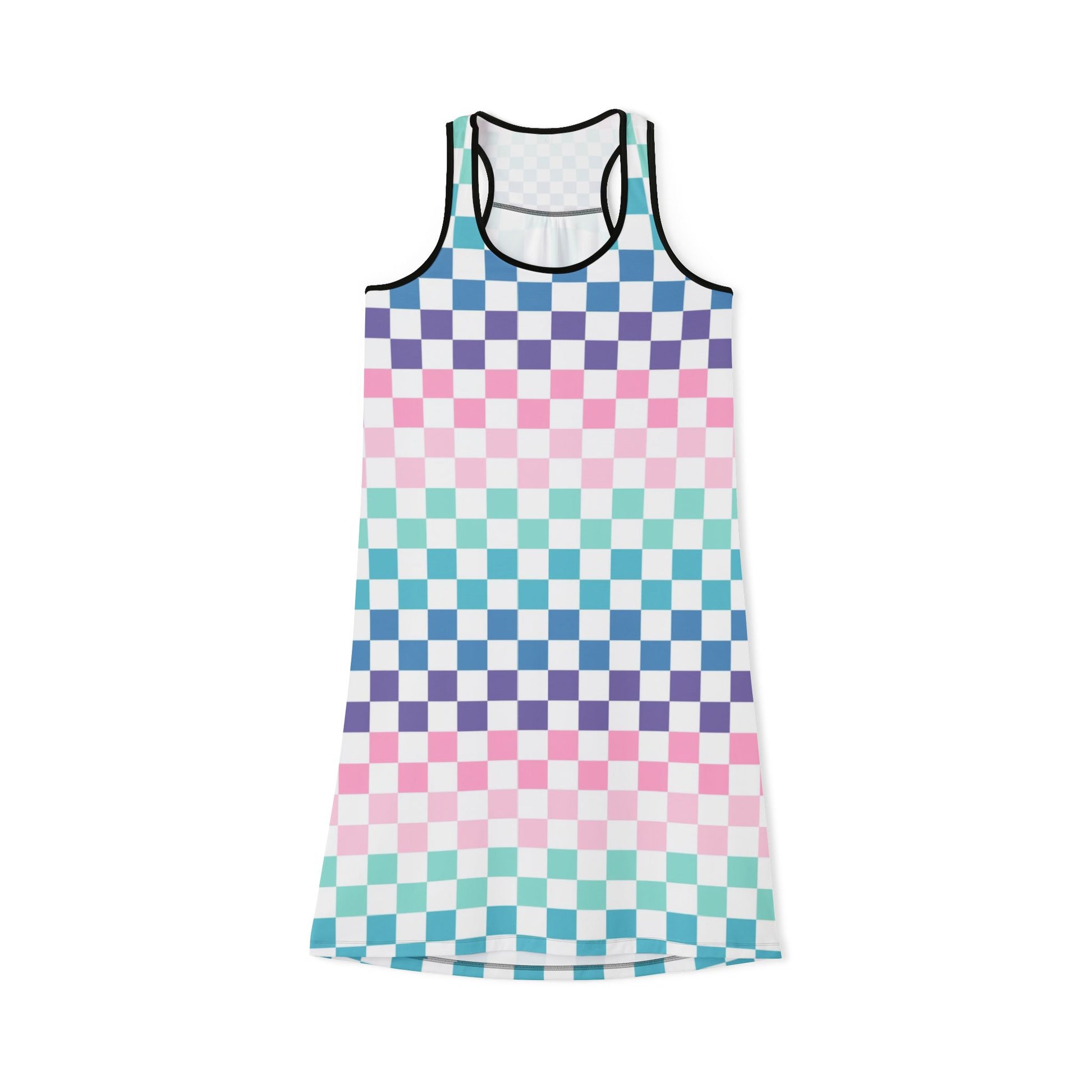 Vaporwave Rainbow  Checkerboard Multi-Color Women's Racerback Dress (AOP), Artsulli - Art is Long, Life is Short, Tank Top, Size, XS, Color, Black, , , 11181876261987314824