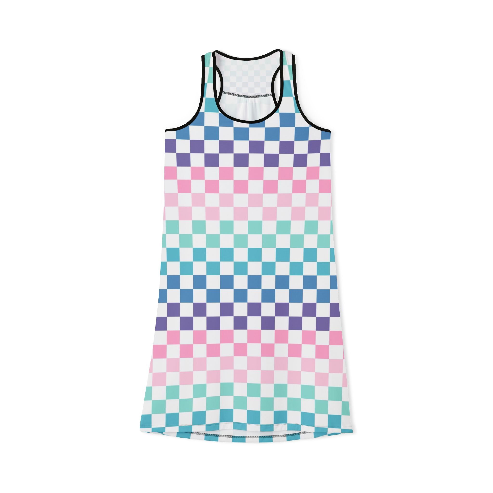 Vaporwave Rainbow  Checkerboard Multi-Color Women's Racerback Dress (AOP), Artsulli - Art is Long, Life is Short, Tank Top, Size, XS, Color, Black, , , 11181876261987314824