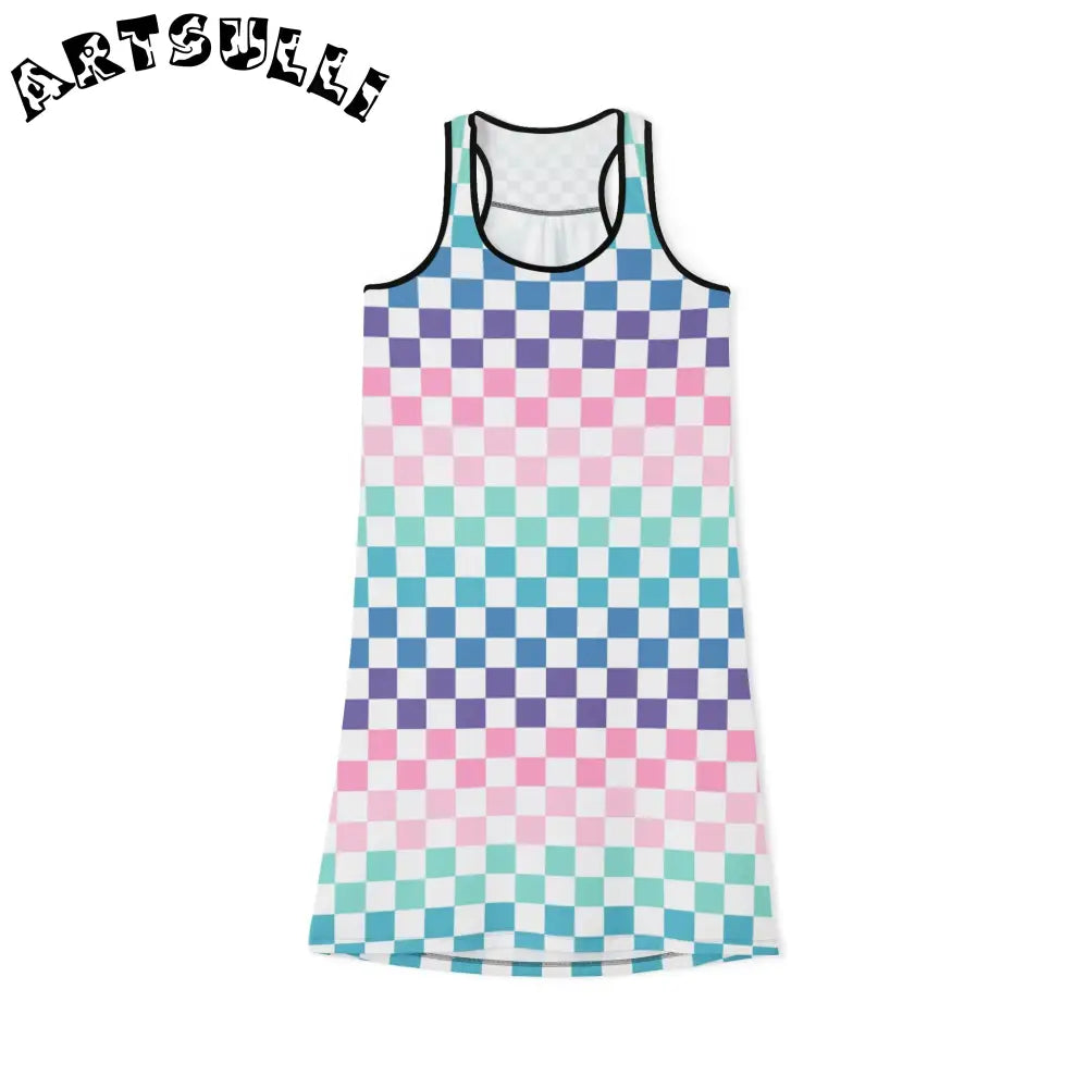 Vaporwave Rainbow  Checkerboard Multi-Color Women's Racerback Dress (AOP), Artsulli - Art is Long, Life is Short, Tank Top, Size, XS, Color, Black, , , 11181876261987314824