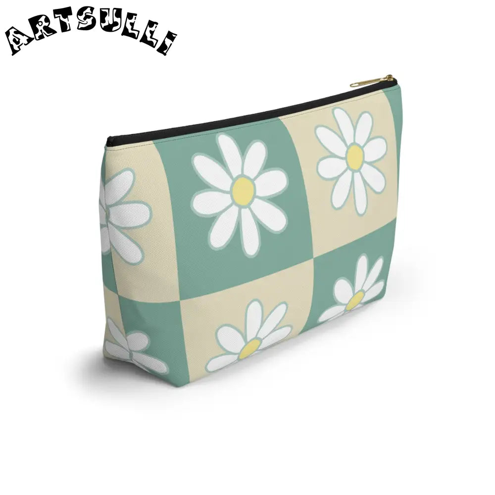 JAKKOUTTHEBXX Retro Daisy Checkerboard Green and Tan Accessory Pouch
