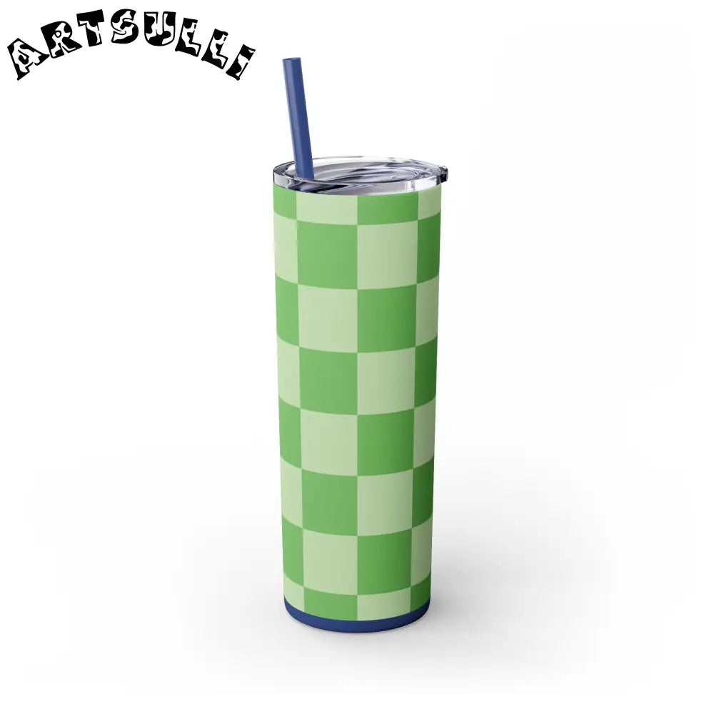 JAKKOUTTHEBXX Checkerboard Green Skinny Tumbler with Straw 20oz