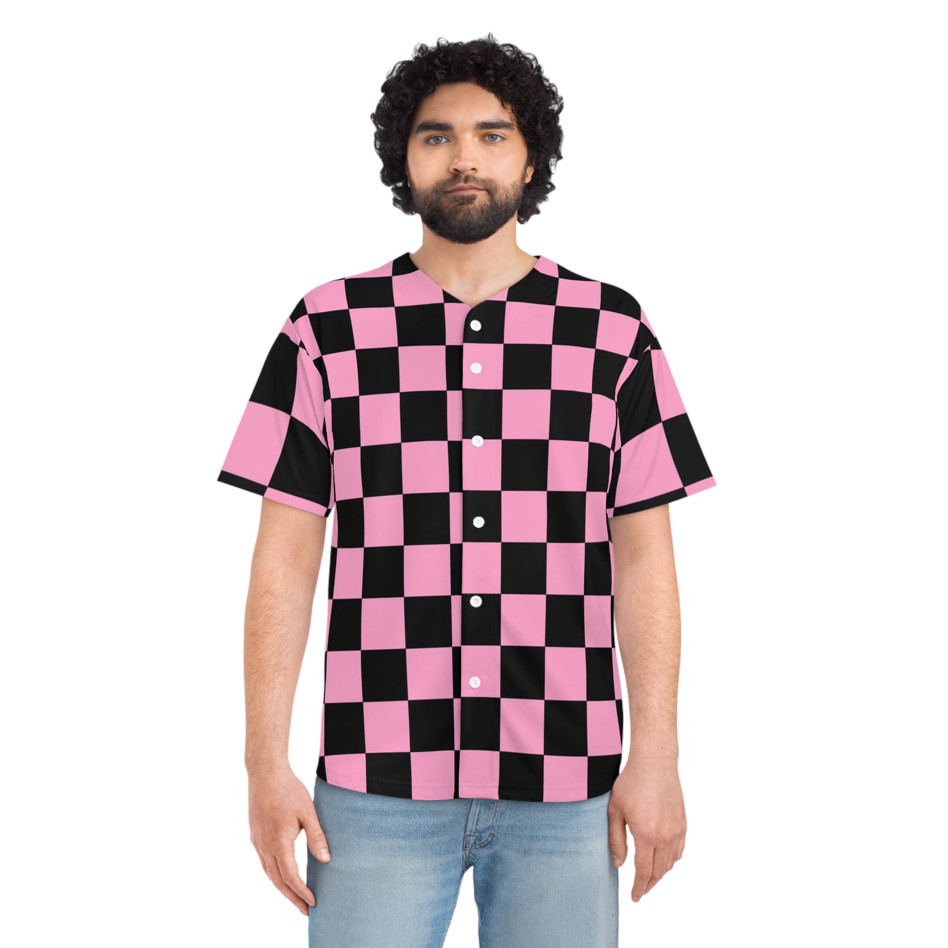 Checkerboard Black and Pink Men's Baseball Jersey (AOP), Artsulli - Art is Long, Life is Short, All Over Prints, , , , , , , 