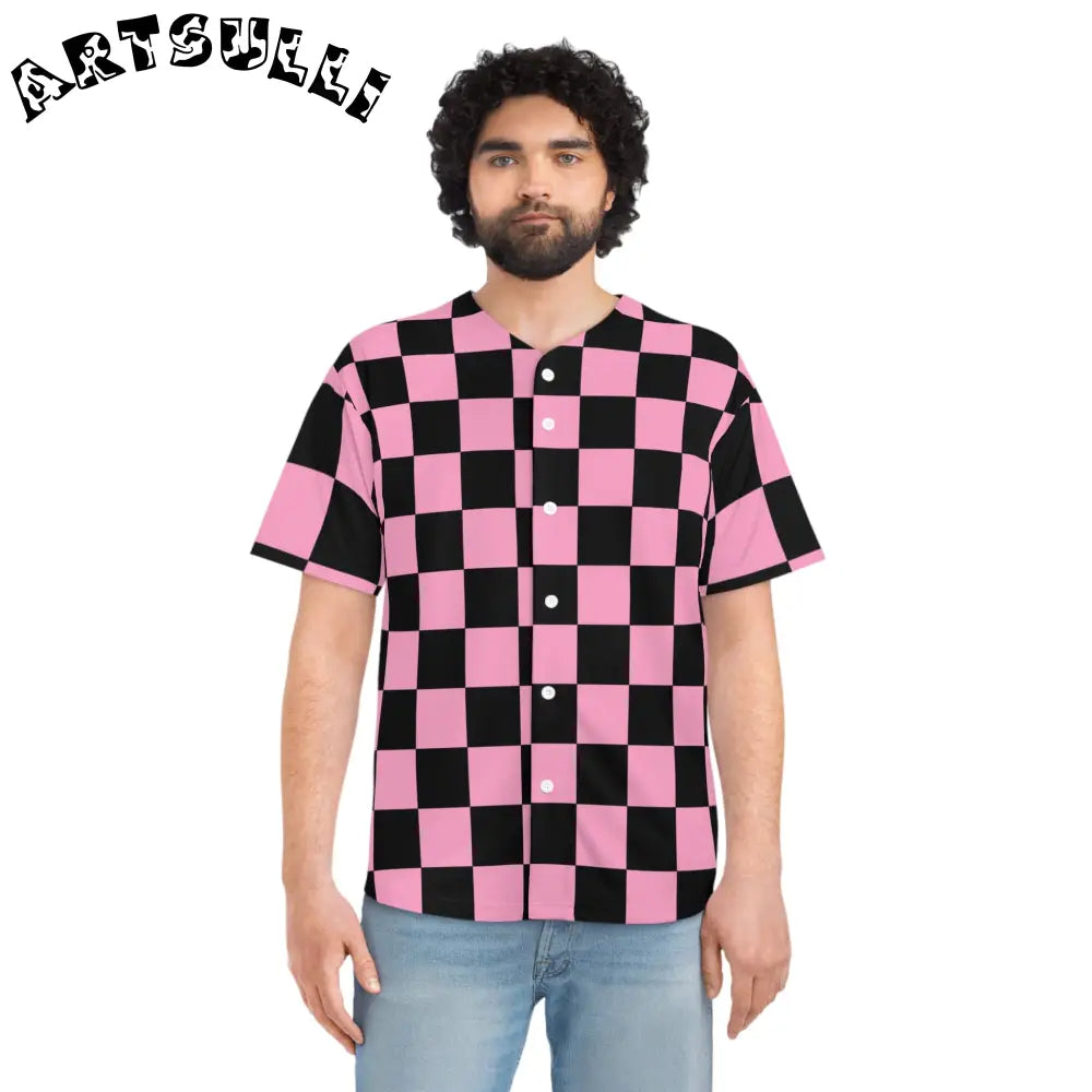 JAKKOUTTHEBXX Checkerboard Black and Pink Men’s Baseball Jersey