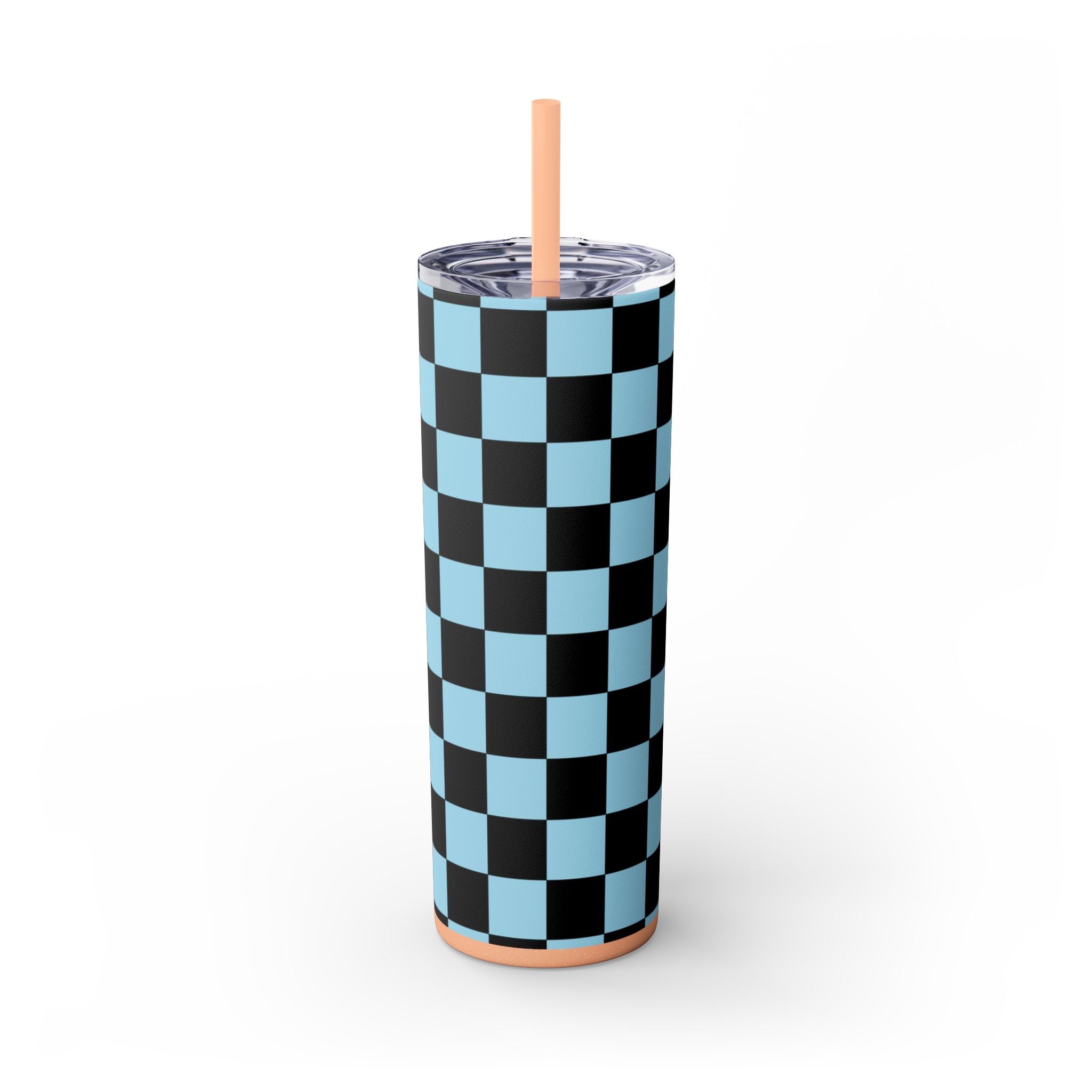 Checkerboard Black and Blue Skinny Tumbler with Straw, 20oz, Artsulli - Art is Long, Life is Short, Mug, , , , , , , 