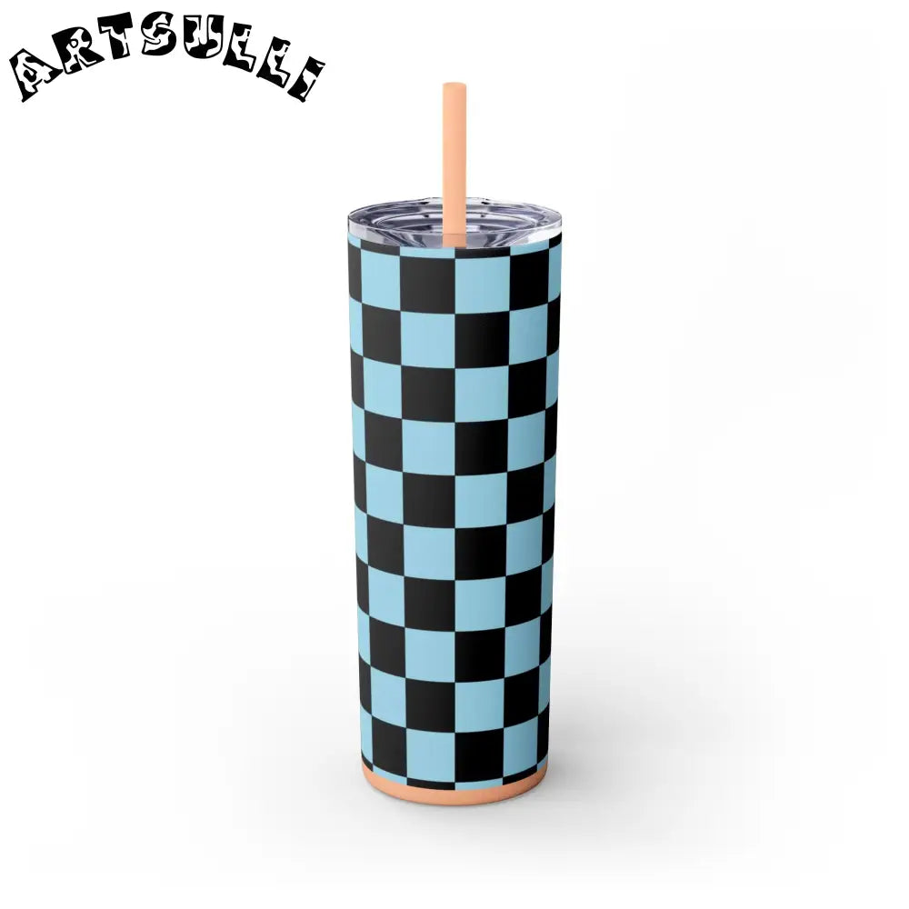 JAKKOUTTHEBXX Checkerboard Black and Blue Skinny Tumbler with Straw