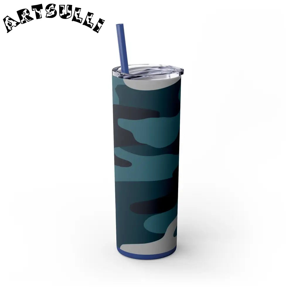 JAKKOUTTHEBXX Blue Camouflage Skinny Tumbler with Straw 20oz