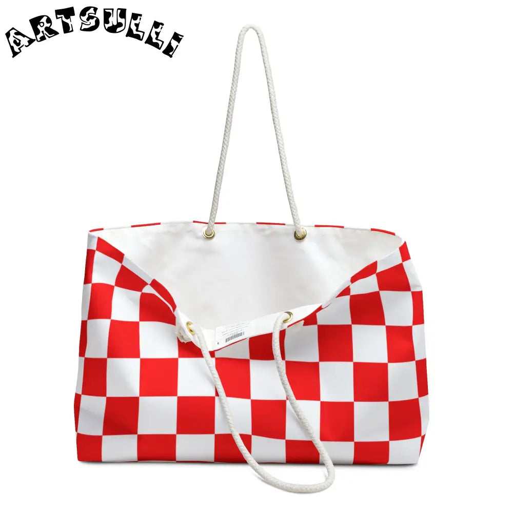 JAKKOUTTHEBXX Checkerboard Red and White Weekender Bag JAKKOUTTHEBXX