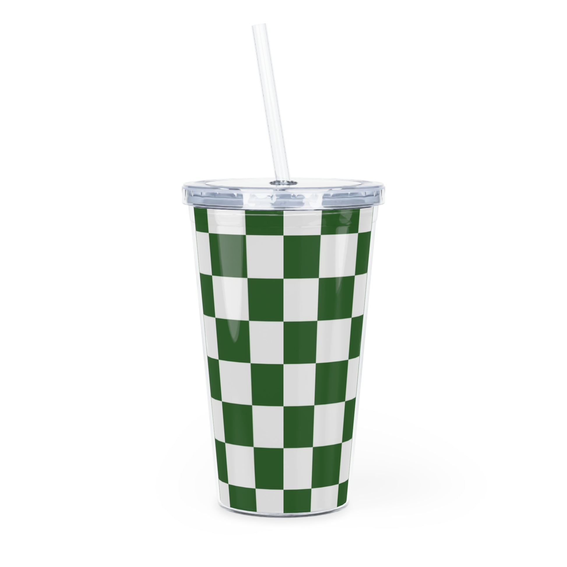 Checkerboard White and Dark Green Plastic Tumbler with Straw, Artsulli - Art is Long, Life is Short, Mug, , , , , , , 