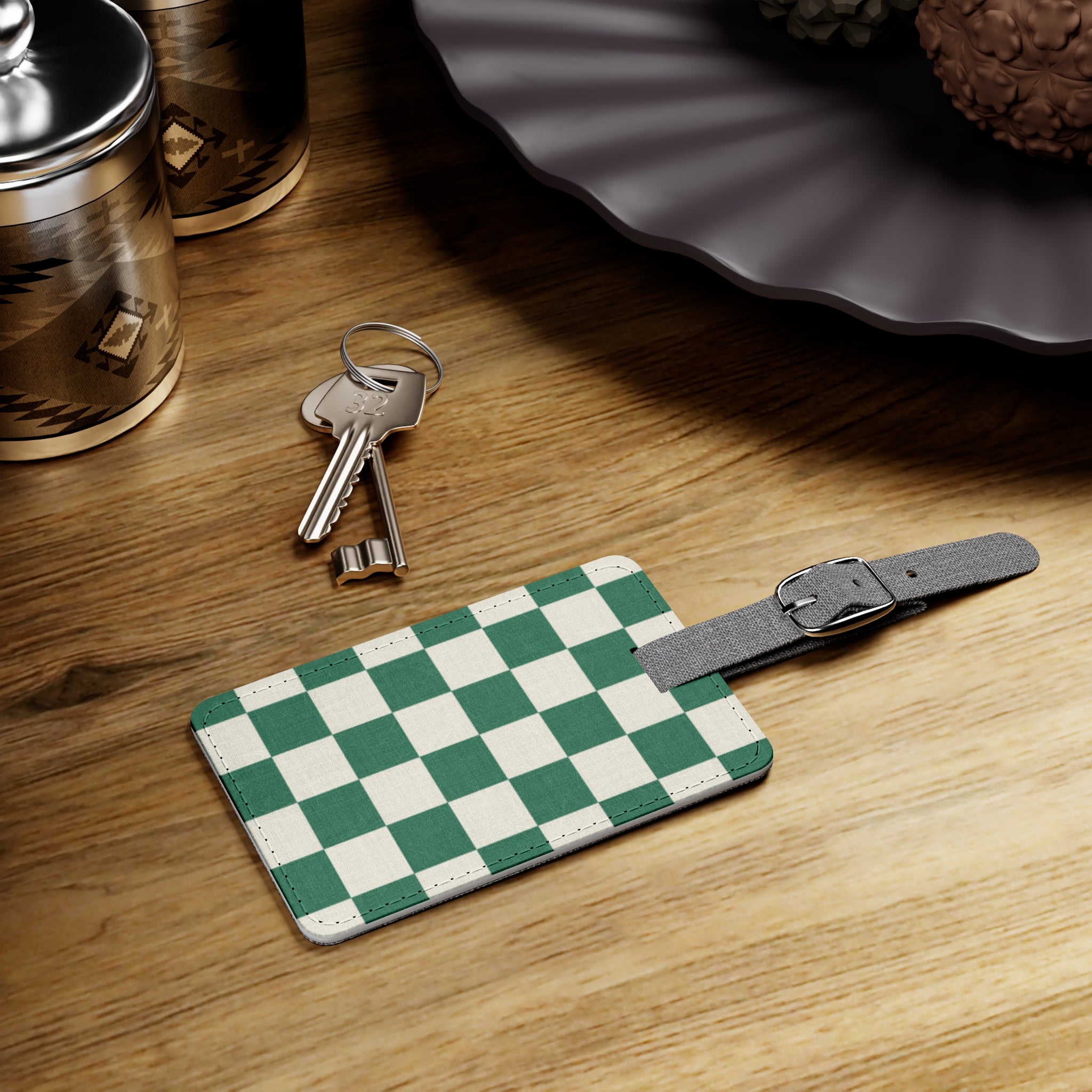 Checkerboard Dark Green Saffiano Polyester Luggage Tag, Rectangle, Artsulli - Art is Long, Life is Short, Accessories, , , , , , , 