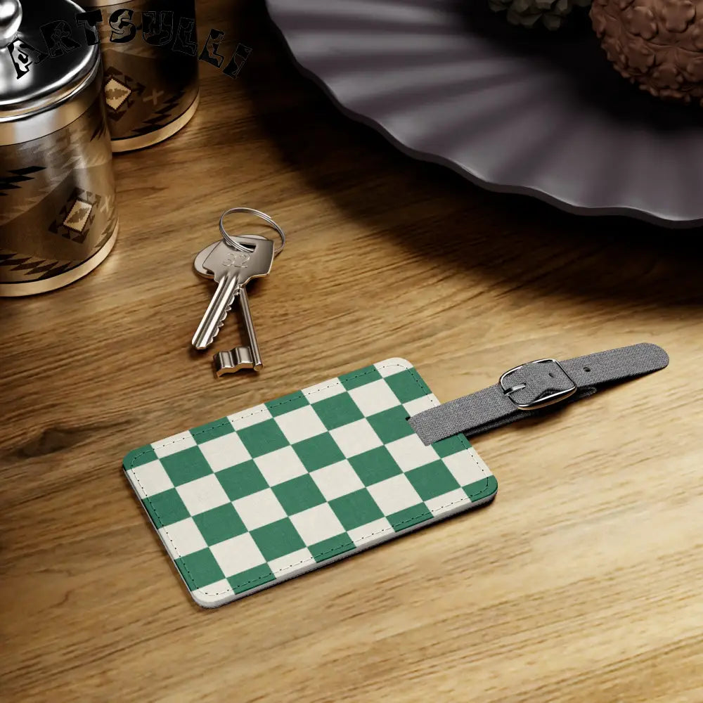 JAKKOUTTHEBXX Checkerboard Dark Green Saffiano Polyester Luggage Tag
