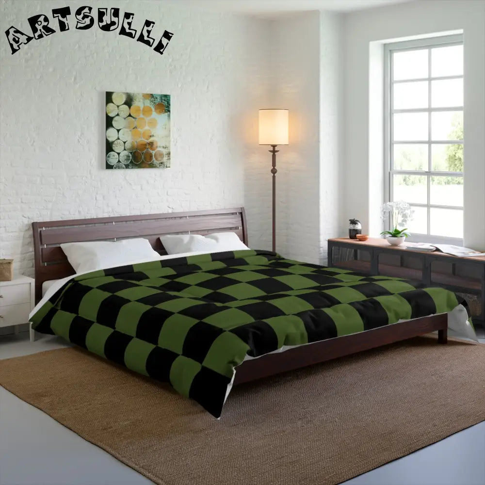 JAKKOUTTHEBXX Checkerboard Olive Green and Black Comforter