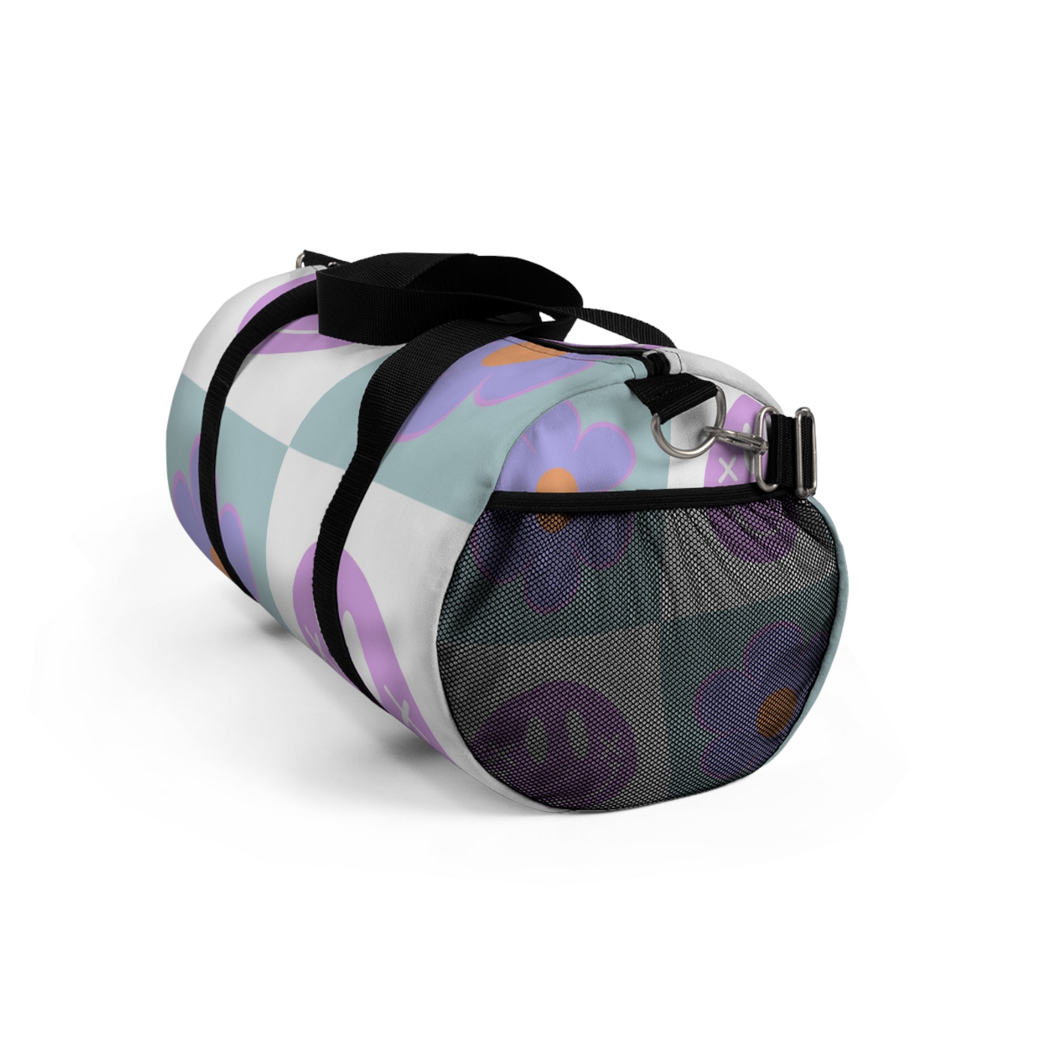 Flower x Smiley Face x Checkerboard Purple Duffel Bag, Artsulli - Art is Long, Life is Short, Bags, , , , , , , 