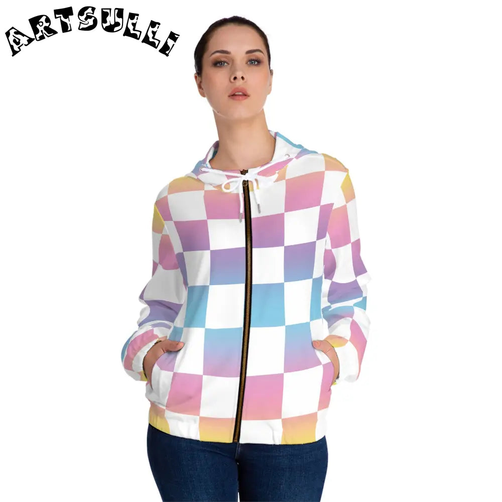 JAKKOUTTHEBXX Vaporwave Check II Women’s Full-Zip Hoodie (AOP)