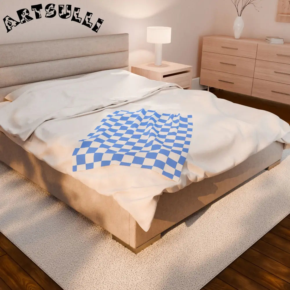 JAKKOUTTHEBXX Checkerboard White and Light Blue Velveteen Plush