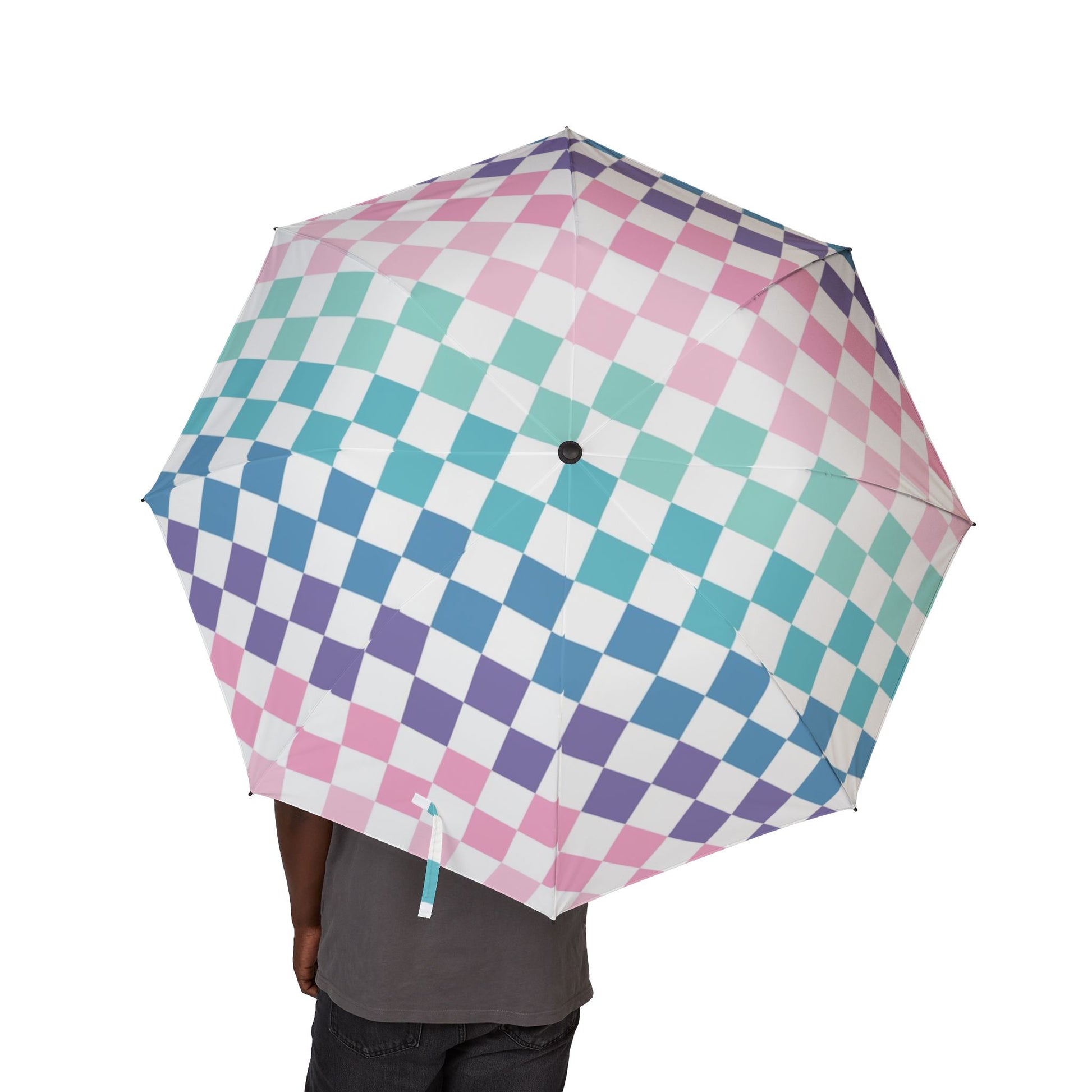 Vaporwave Rainbow  Checkerboard Multi-Color Semi-Automatic Foldable Umbrella, Artsulli - Art is Long, Life is Short, Accessories, , , , , , , 