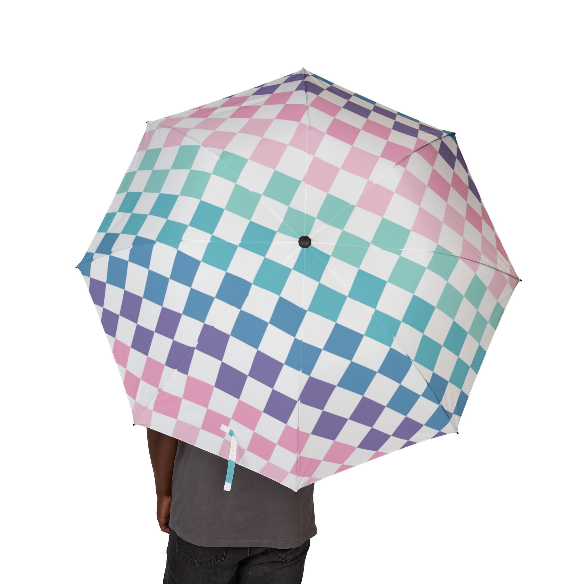 Vaporwave Rainbow  Checkerboard Multi-Color Semi-Automatic Foldable Umbrella, Artsulli - Art is Long, Life is Short, Accessories, , , , , , , 