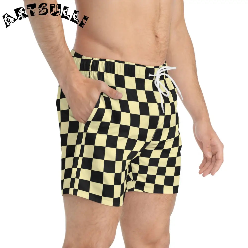JAKKOUTTHEBXX Checkerboard II Black and Yellow Swim Trunks (AOP)