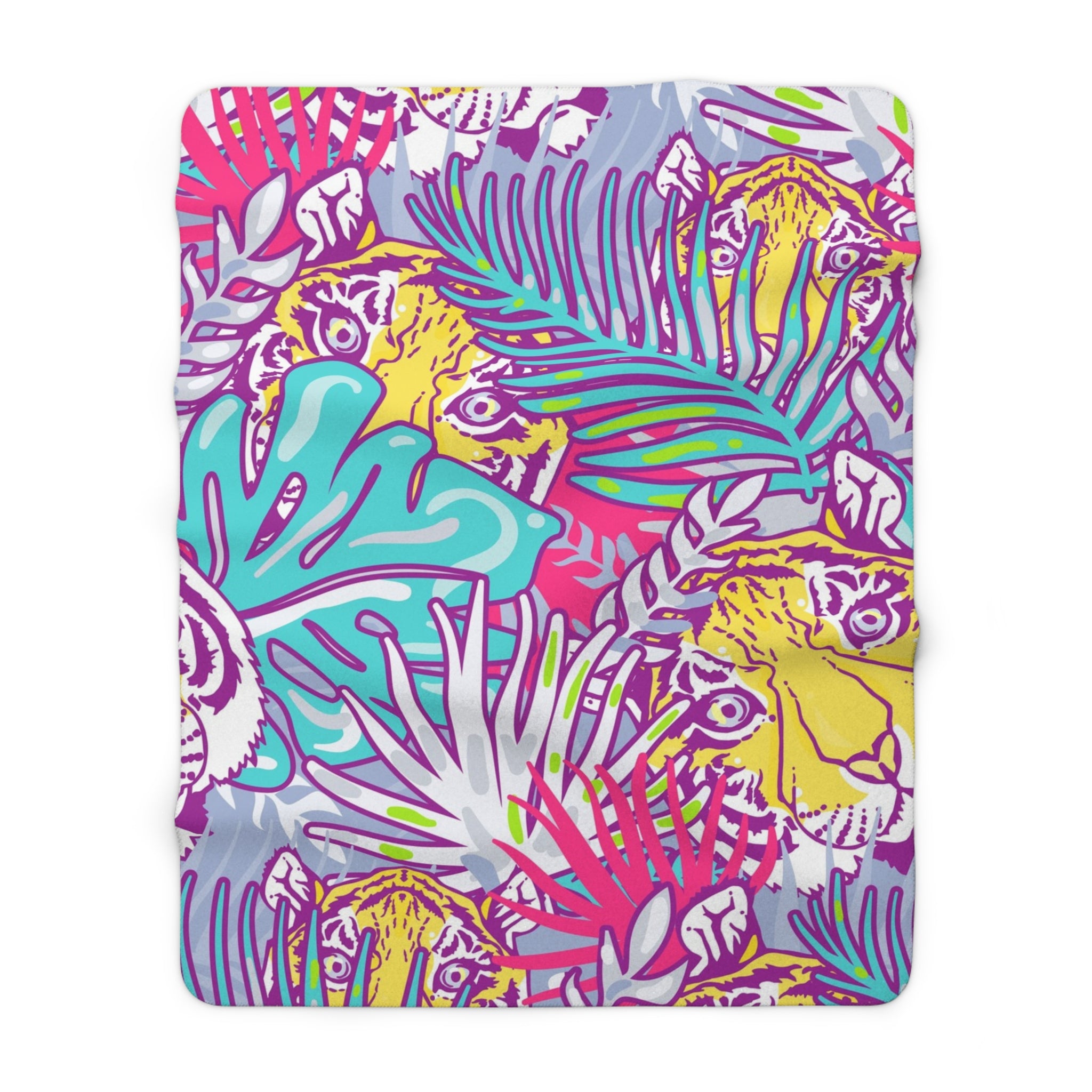 Tropical Floral Tigers Torquise and Purple Sherpa Fleece Blanket, Artsulli - Art is Long, Life is Short, Home Decor, Size, 60" × 80", , , , , 14212616504750
