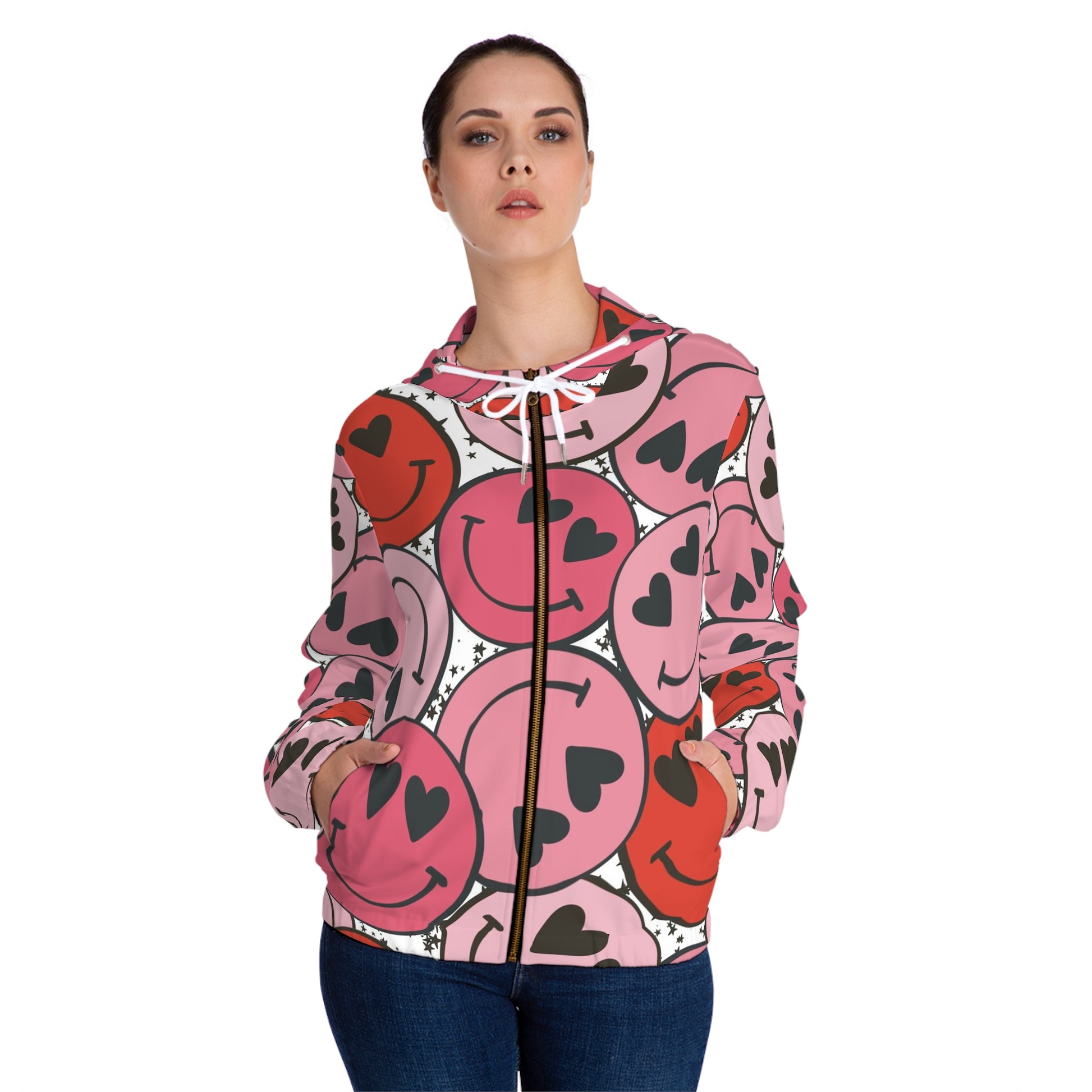 Smiley Face x Heart Eyes Pink and Red Women’s Full-Zip Hoodie (AOP), Artsulli - Art is Long, Life is Short, All Over Prints, , , , , , , 