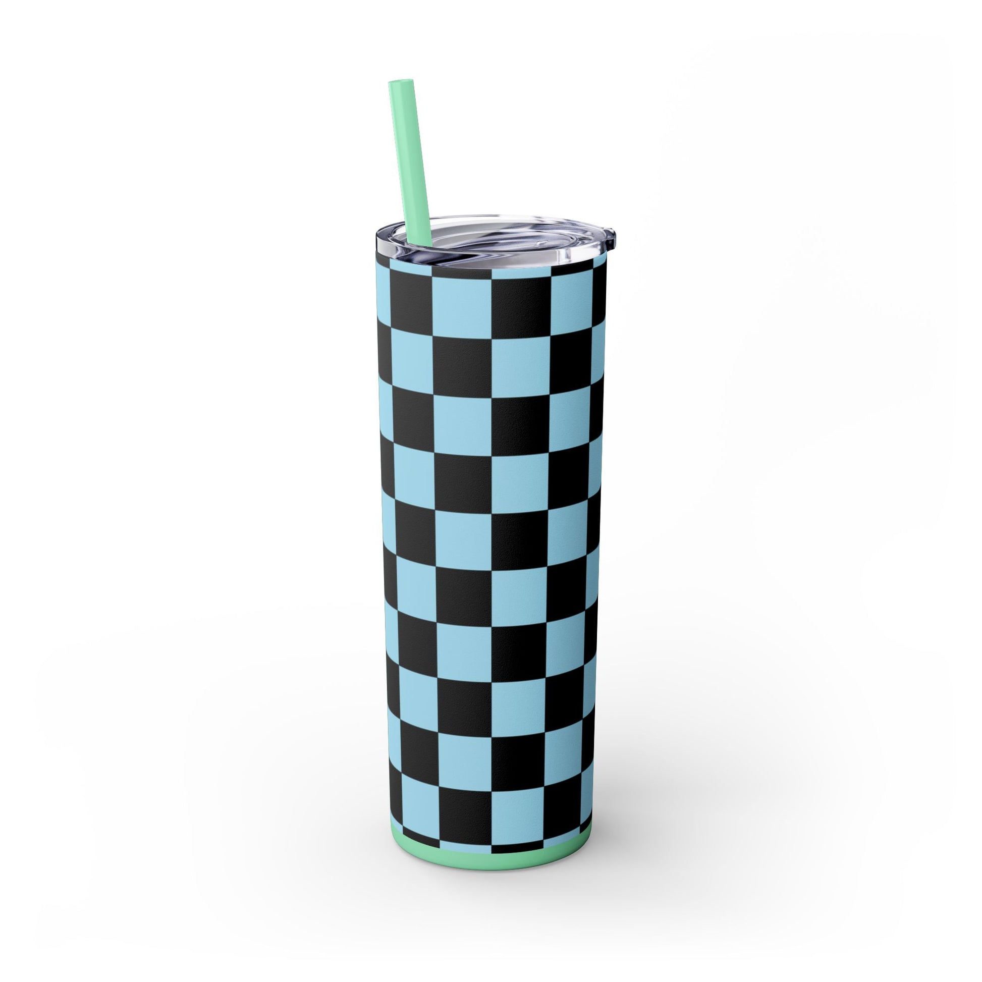 Checkerboard Black and Blue Skinny Tumbler with Straw, 20oz, Artsulli - Art is Long, Life is Short, Mug, , , , , , , 