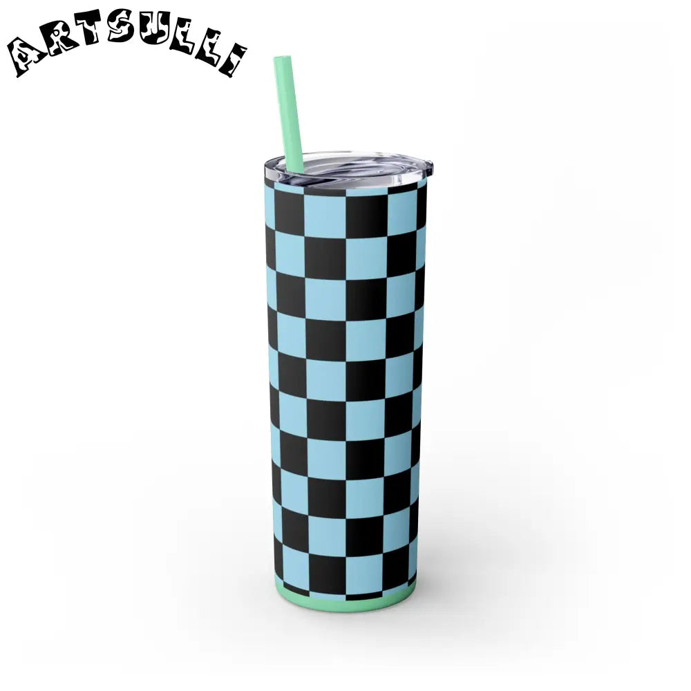 JAKKOUTTHEBXX Checkerboard Black and Blue Skinny Tumbler with Straw