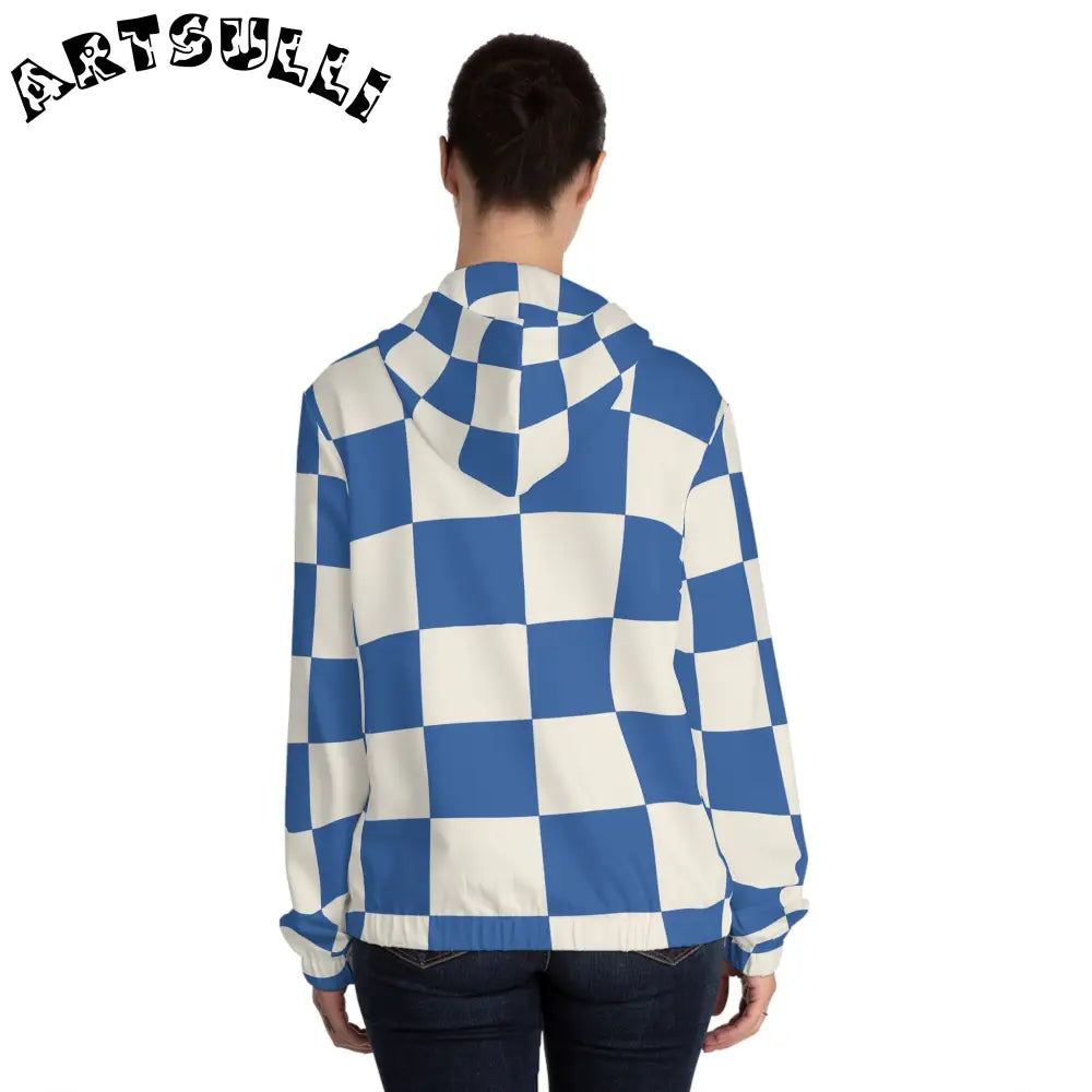 JAKKOUTTHEBXX Checkerboard Blue Women’s Full-Zip Hoodie (AOP)
