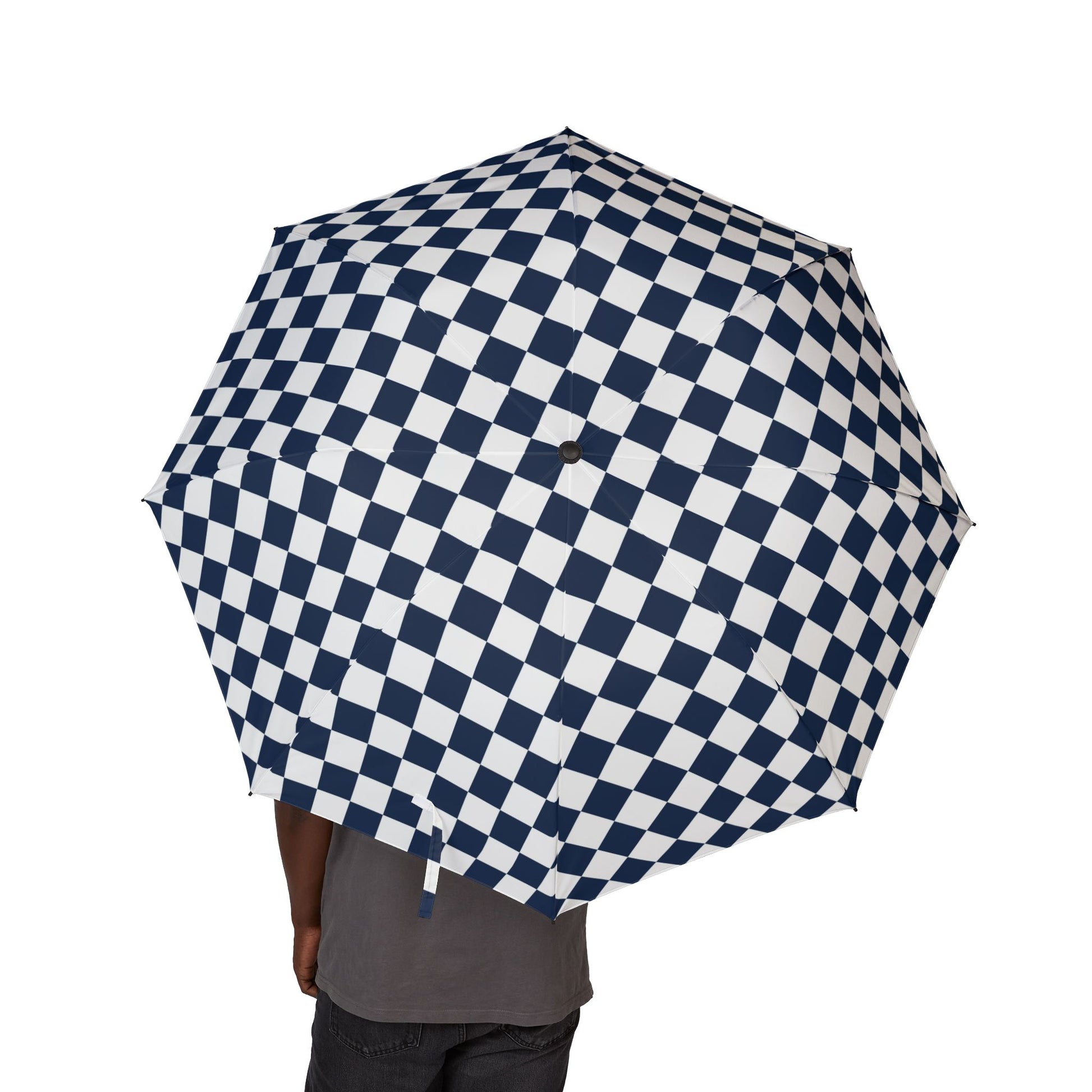 Checkerboard II White and Navy Blue Semi-Automatic Foldable Umbrella, Artsulli - Art is Long, Life is Short, Accessories, , , , , , , 